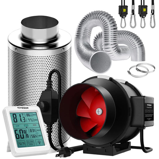 VIVOSUN 4 Inch 190 CFM Inline Fan with Speed Controller, 4 Inch Carbon Filter and 8 Feet of Ducting, Temperature Humidity Monitor for Grow Tent Ventilation