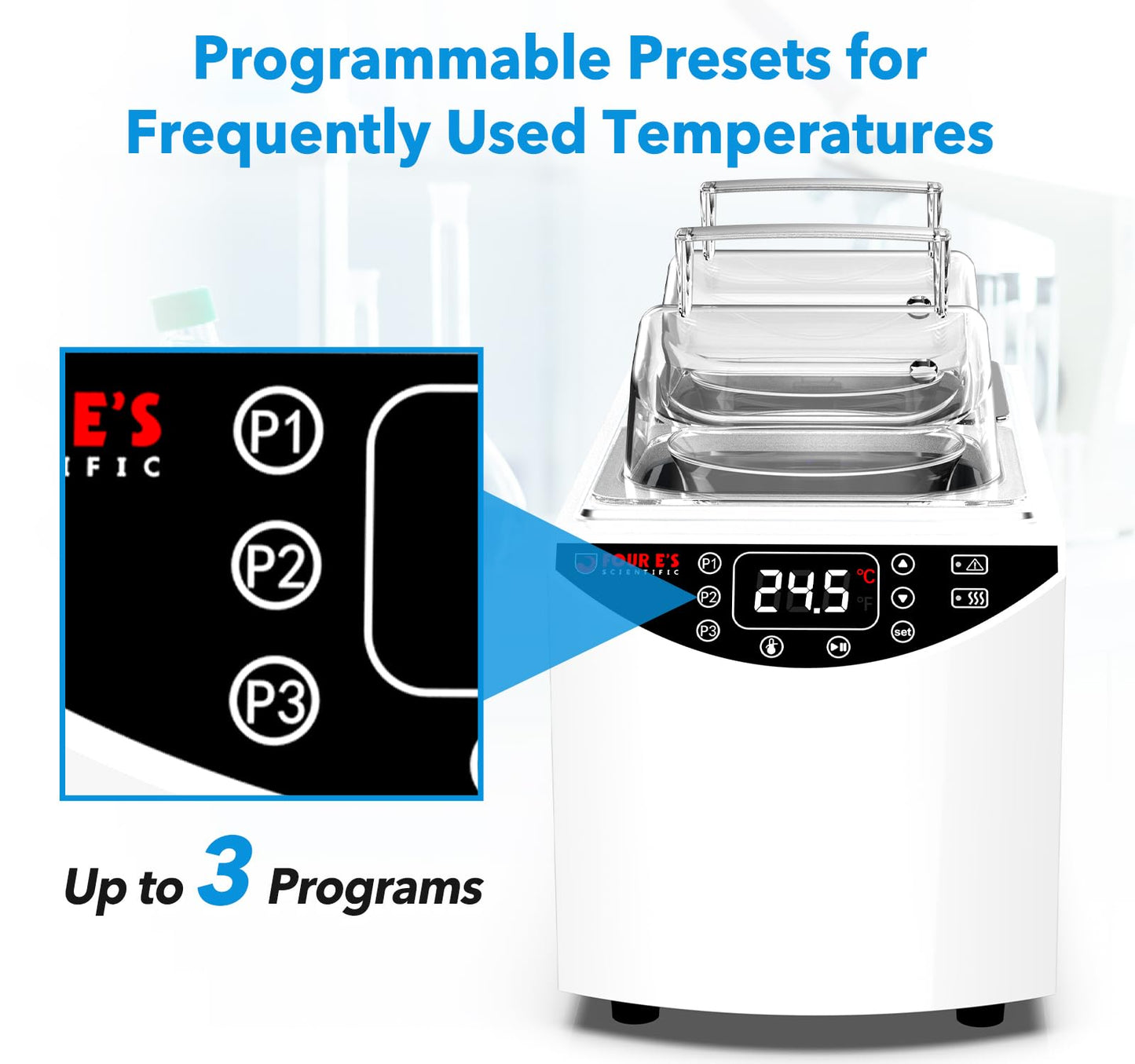 FOUR E'S SCIENTIFIC Lab Water Bath 5L, Digital Thermostatic Water Bath Heater, RT+5°C to 99°C, Precise Temperature Control, 2 Stainless Steel Chambers, LED Display