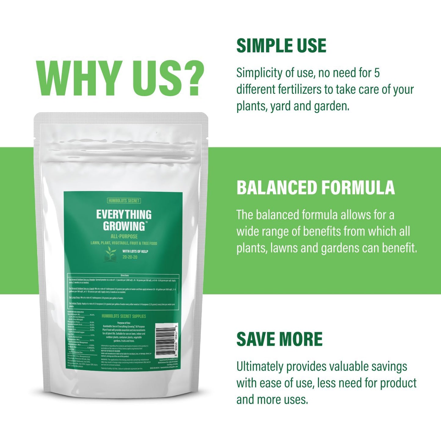 Humboldts Secret Everything Growing 20-20-20 Fertilizer | All Purpose Water Soluble Plant Food | Balanced NPK with Norwegian Kelp | for Lawns Gardens, Vegetables, Flowers & Indoor Plants | 2 lb