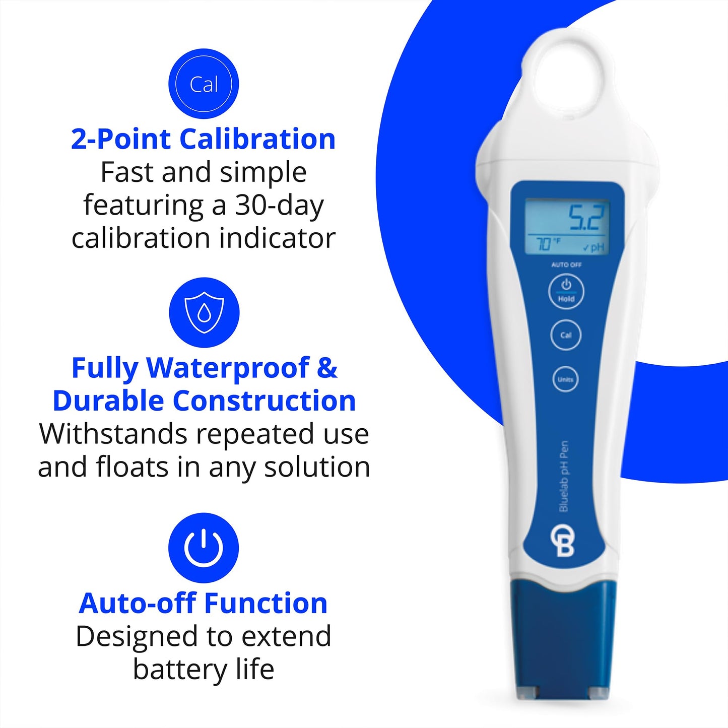 bluelab pH Pen - ± 0.1 pH Accurate, Durable Double Junction Probe, Waterproof & Floats, Auto Temperature Compensation, Easy Calibration - Made in NZ