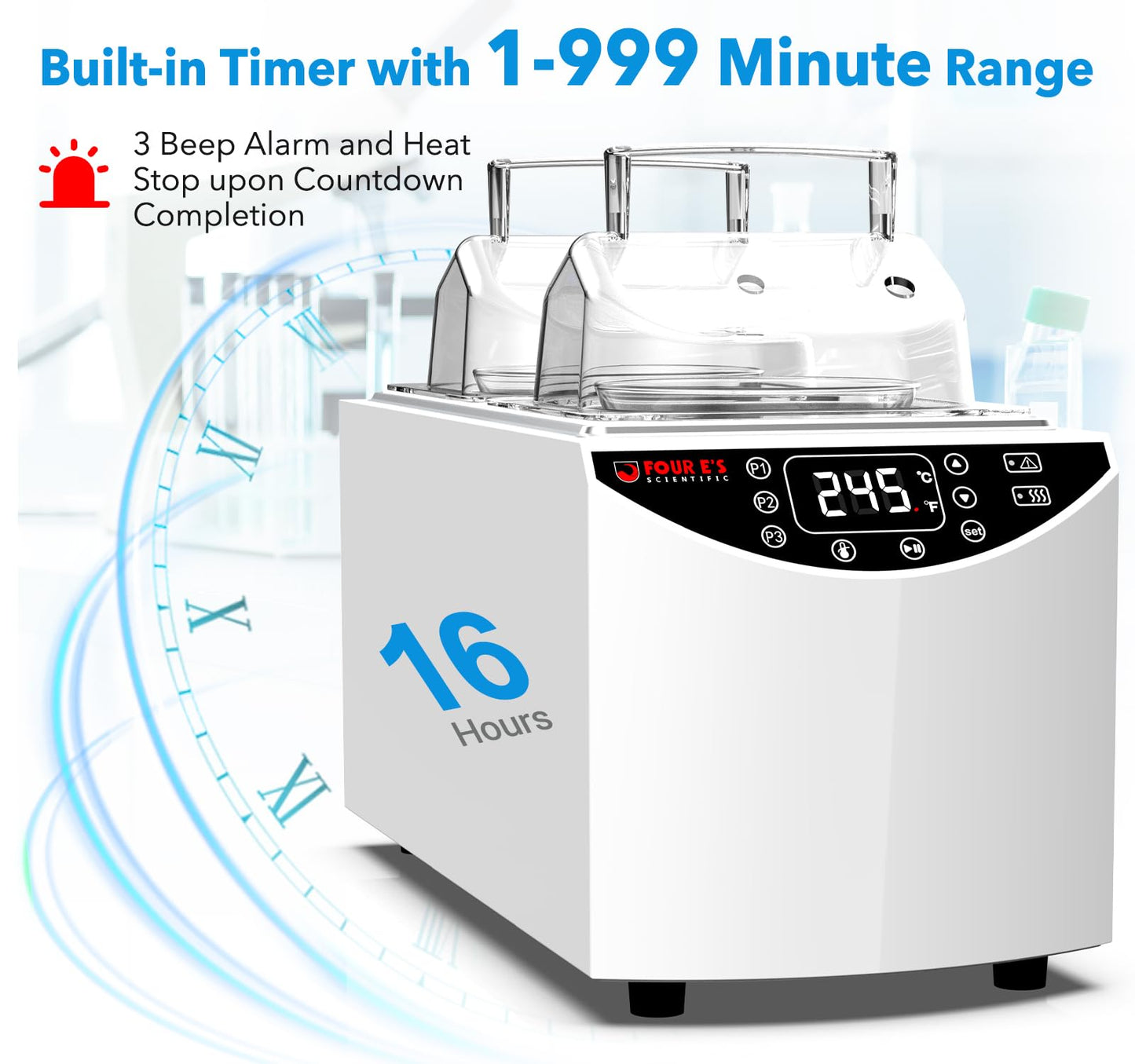 FOUR E'S SCIENTIFIC Lab Water Bath 5L, Digital Thermostatic Water Bath Heater, RT+5°C to 99°C, Precise Temperature Control, 2 Stainless Steel Chambers, LED Display