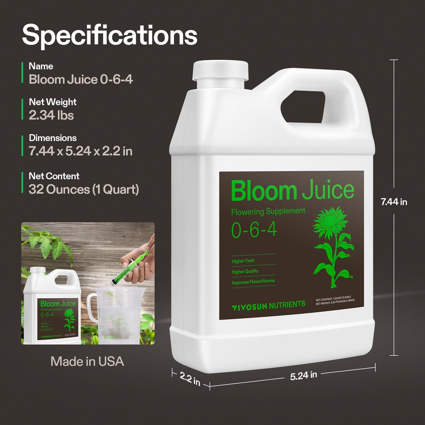 VIVOSUN Bloom Juice (0-6-4), Flowering Supplement Liquid Fertilizer for Flowering Stage, Concentrated Plant Food for All Flowering Plants, 32 Ounces/1 Quart