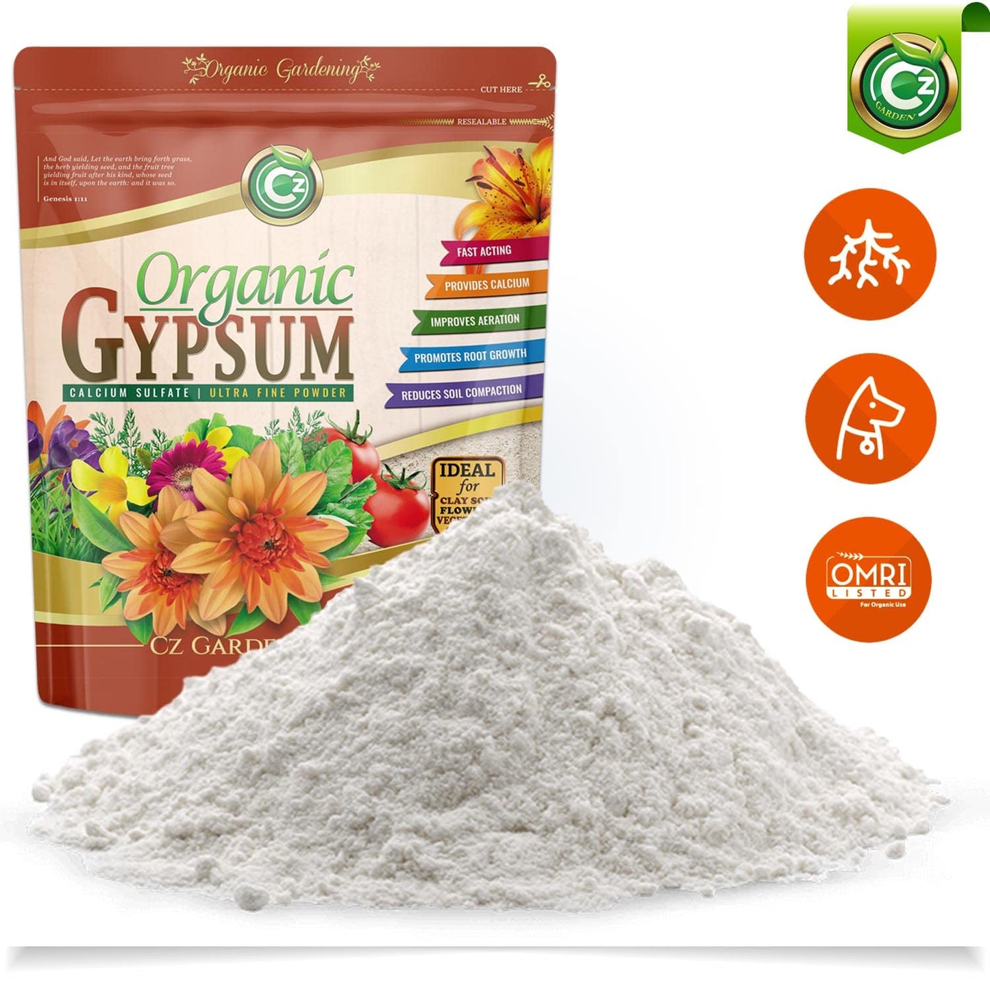 Organic Gypsum Powder 5LB - Made in USA - Calcium Sulfate Dihydrate - Garden Soil Amendment Fertilizer for Lawns, Plants, Mushroom Cultivation. Calcium & Sulfur. Cures Blossom End Rot. OMRI Listed