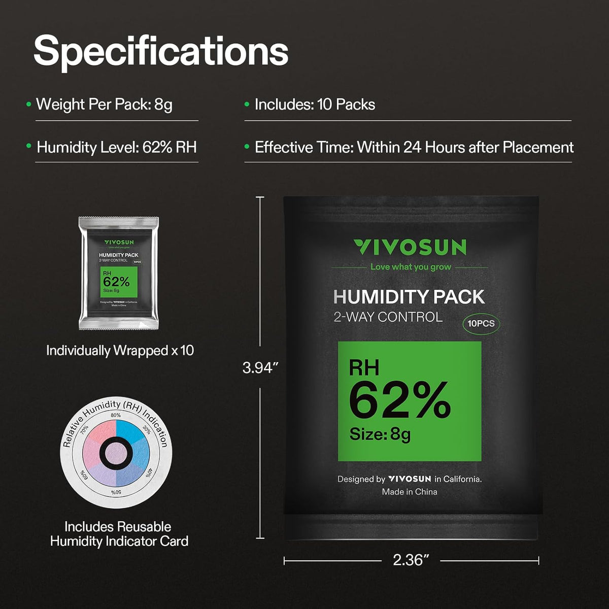 VIVOSUN 62% RH Two-Way Humidity Control Packs, Size 8g, 10 Packs