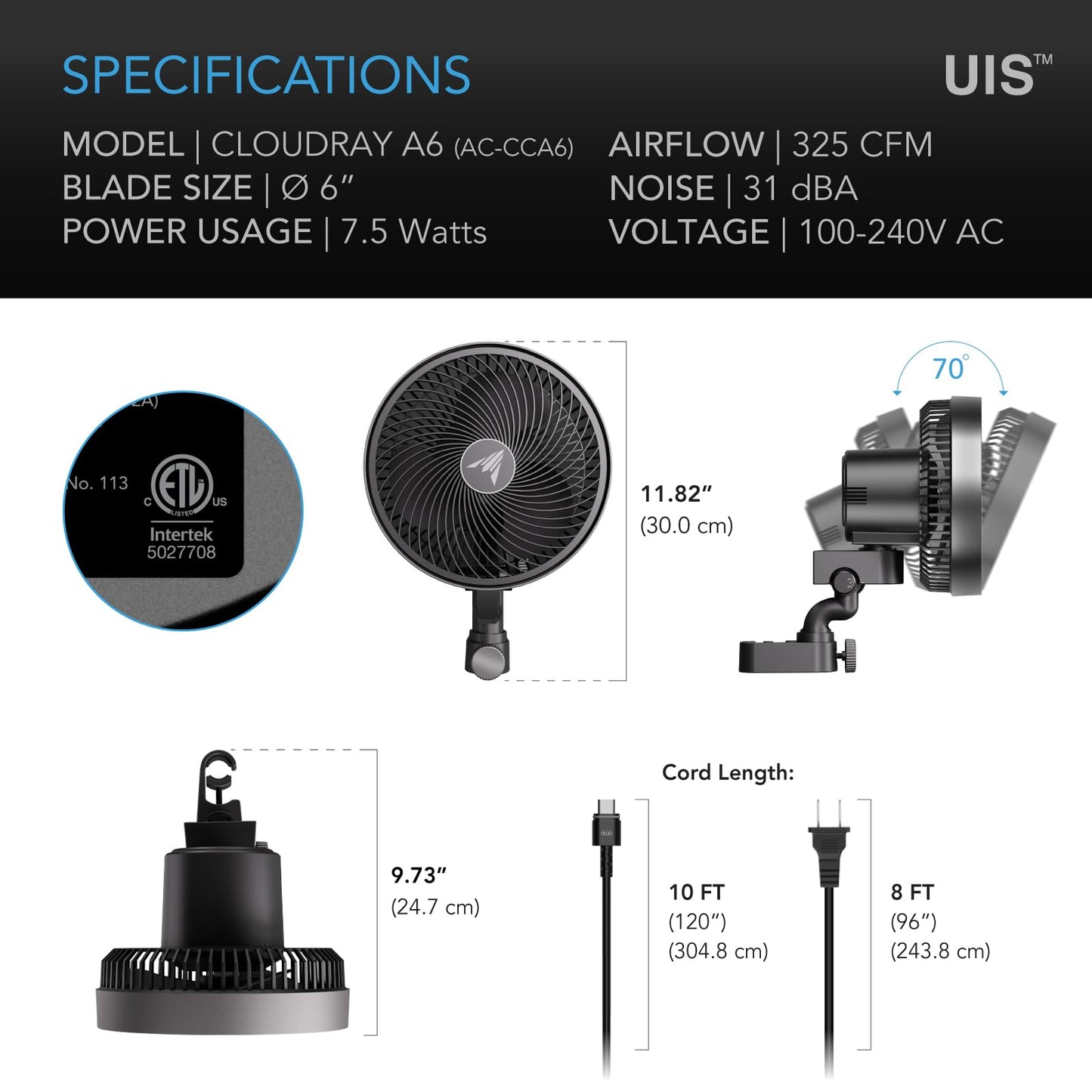 AC Infinity CLOUDRAY S6, Grow Tent Clip Fan 6” with Redesigned Long-Life EC Motor, Custom 10 Dynamic Wind Speeds and 10-Level Oscillation, Weatherproof IP-54, for Hydroponics Circulation Cooling