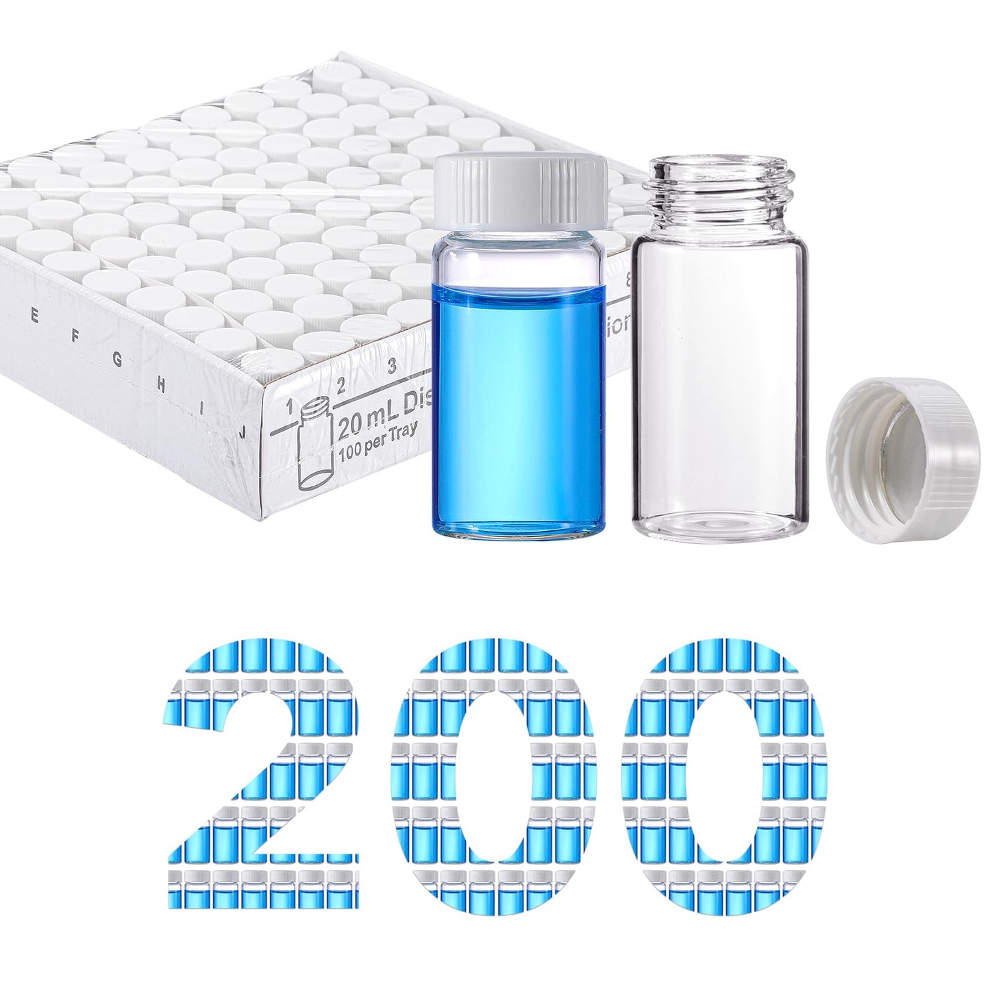 FOUR E'S SCIENTIFIC 20 ML Scintillation Vials, 100 PCS Lab Borosilicate Glass Liquid Scintillation Vials, 22-400 White Screw Cap with Silver Aluminum Foil Liner