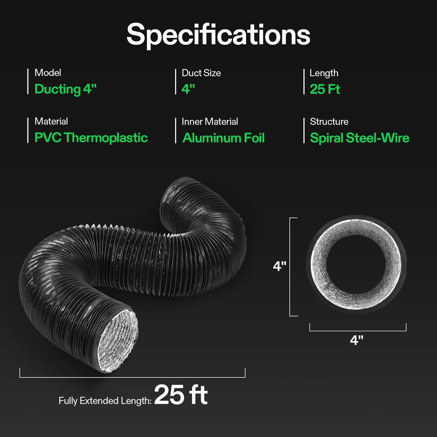 VIVOSUN 4 Inch 25 Feet Flex Air Aluminum Duct for Ventilation, 2 Clamps Included, Long Heavy-Duty Multi-Layer Dryer Hose Vent Kit, Duct Fan Systems