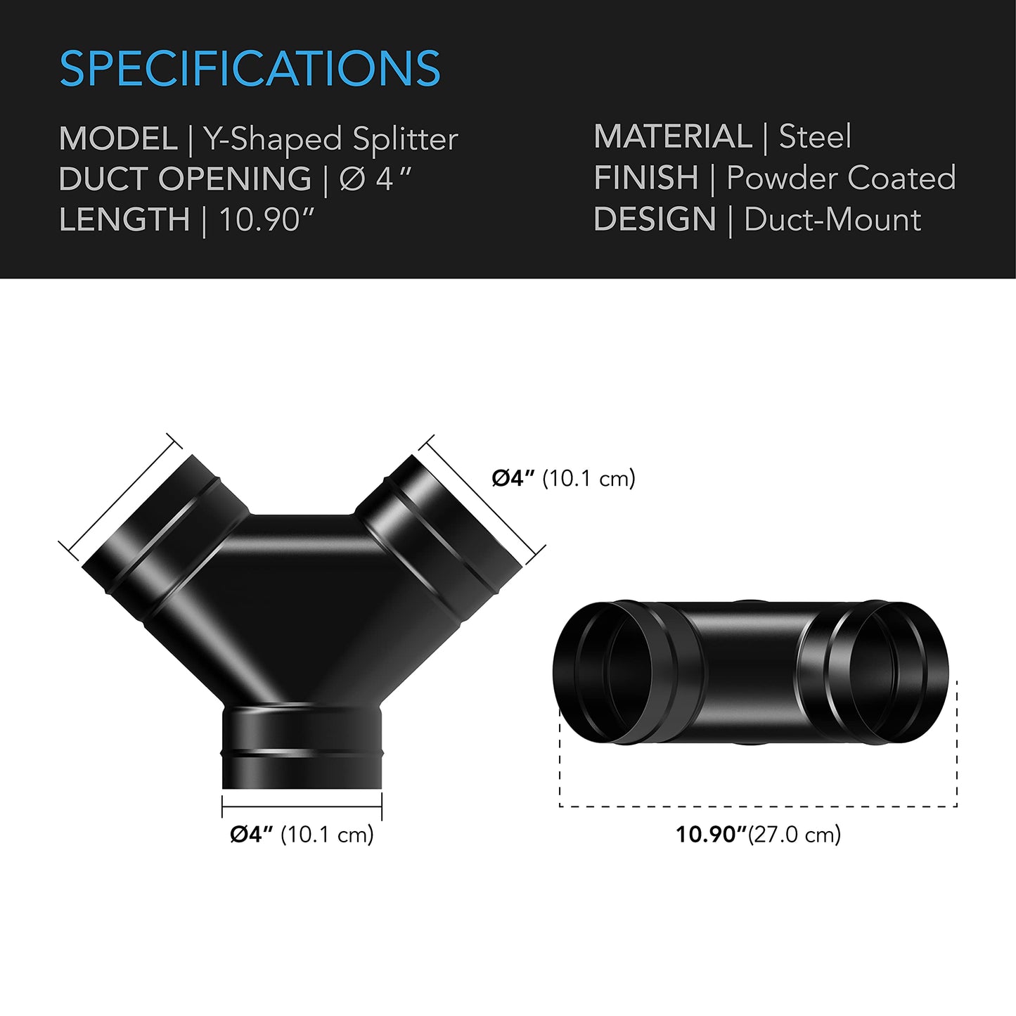 AC Infinity 3-Way Duct Splitter, 6 x 4 x 4” Exhaust Pipe Splitter Y Connector, for Dryers and Vent Hoses