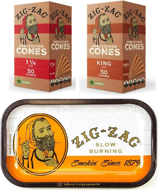 ZIG-ZAG 1 ¼ Pre Rolled Natural Unbleached Cones with Tips - Prerolled Rolling Paper Cone 50 Pack, King Size Unbleached Cones - 50 Pack, Small Classic Rolling Tray