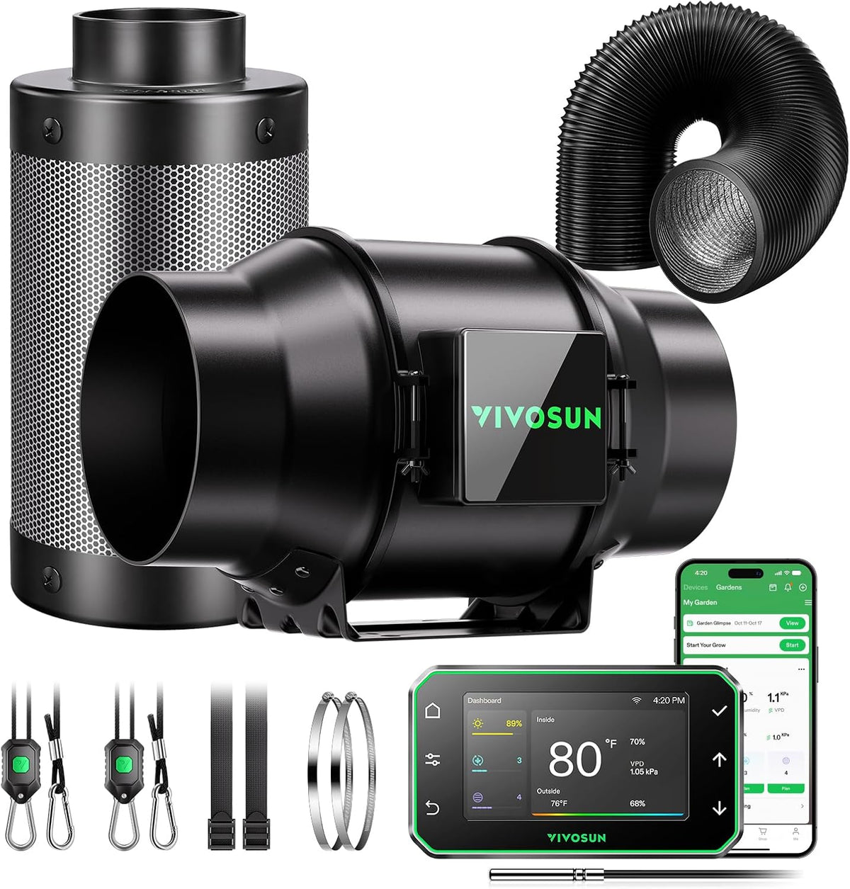 VIVOSUN G6 Smart Filtration Kit, Inline Fan, Controller, Carbon Filter,Duct