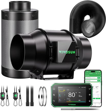 VIVOSUN G6 Smart Filtration Kit, Inline Fan, Controller, Carbon Filter,Duct
