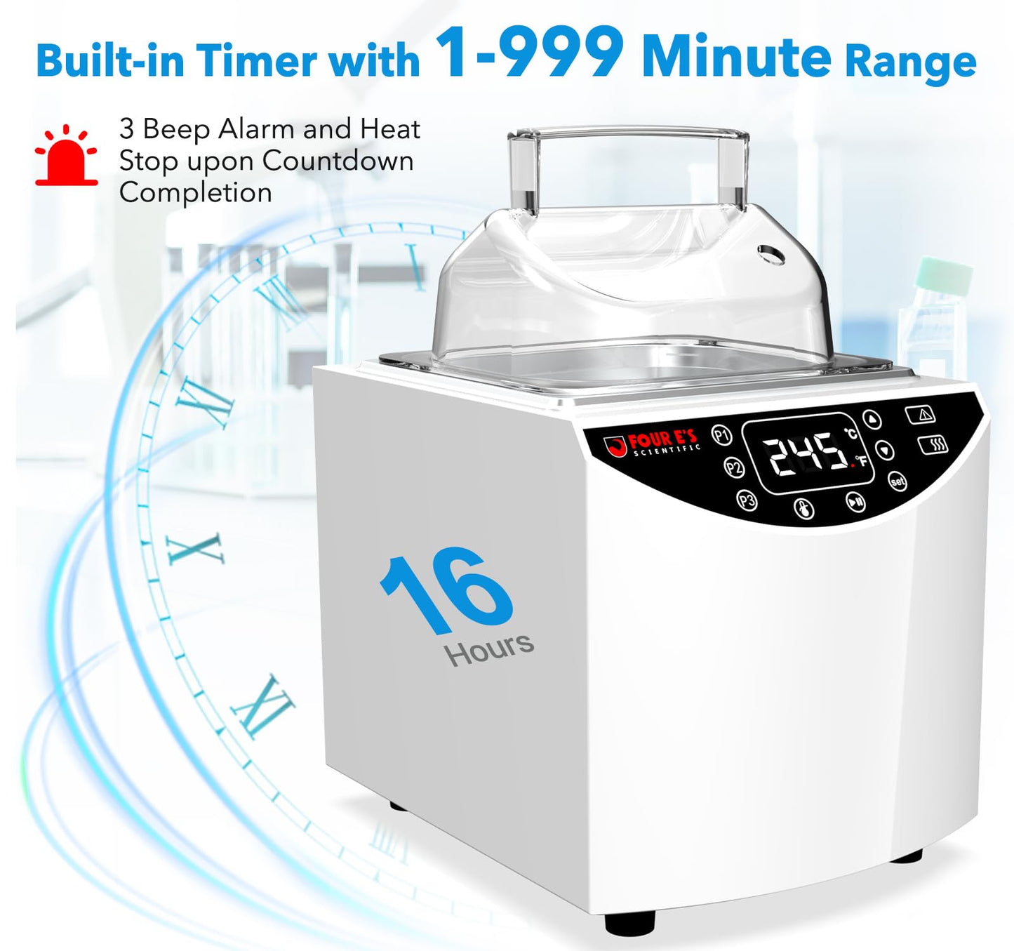 FOUR E'S SCIENTIFIC Lab Water Bath 5L, Digital Thermostatic Water Bath Heater, RT+5°C to 99°C, Precise Temperature Control, 2 Stainless Steel Chambers, LED Display