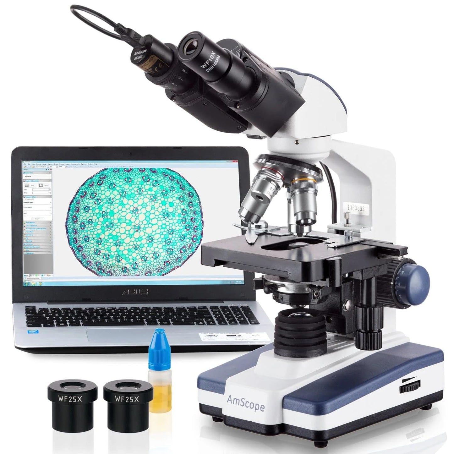 AmScope B120 Series Student & Professional LED Binocular Compound Microscope - 40X-2500X Magnification - Includes 5MP USB Camera & Siedentopf Head