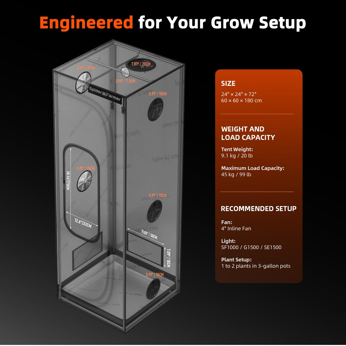 Spider Farmer Mater Series 4.6x2.3 Grow Tent 55"x28"x80" for Indoor Growing