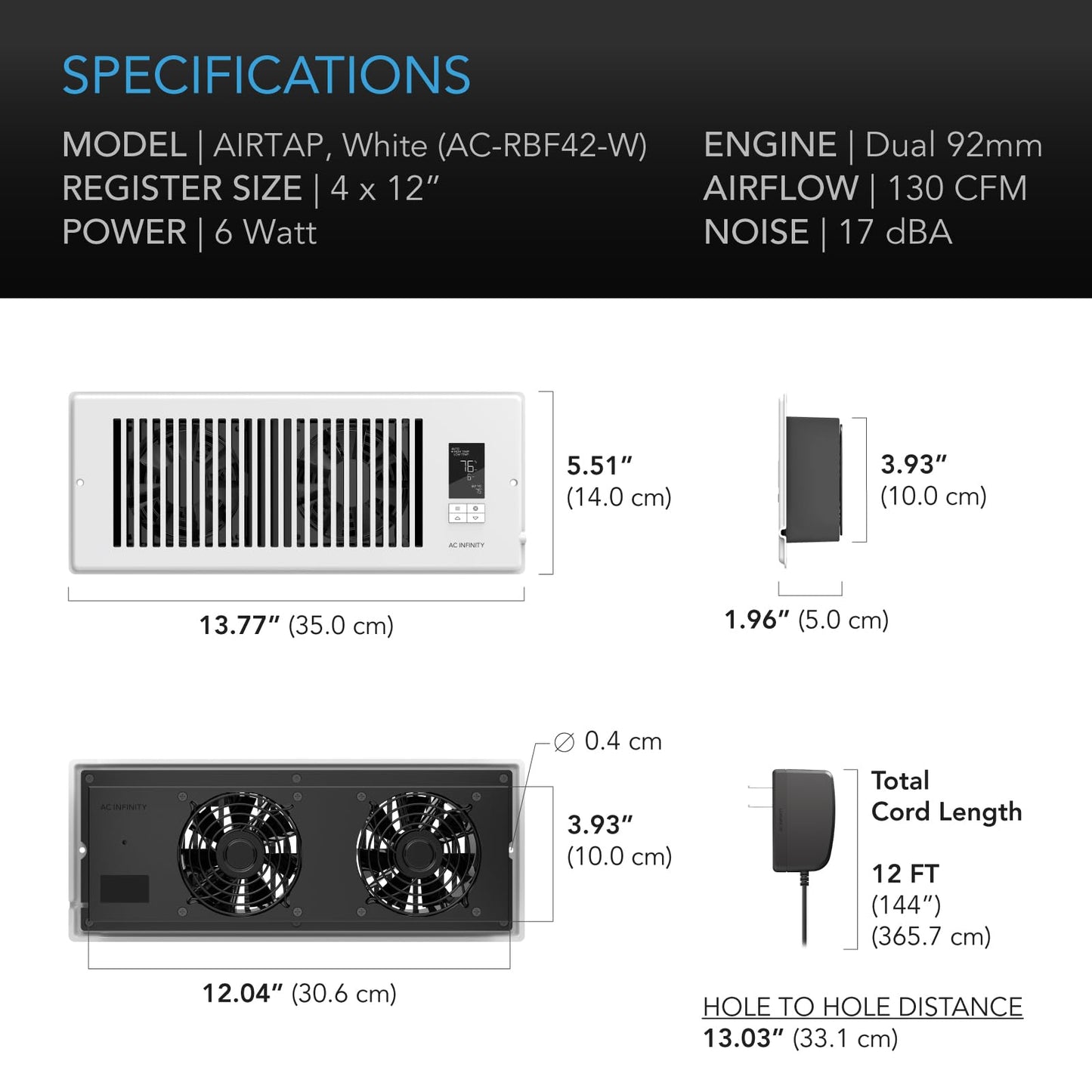 AC Infinity AIRTAP T4 White, Register Booster Fan for 4” x 10” Register Holes, Improves Heating & Cooling Vents, Quiet 10-Speeds, Bluetooth App Control Data Alerts. ONLY FITS 4” x 10” Duct Openings