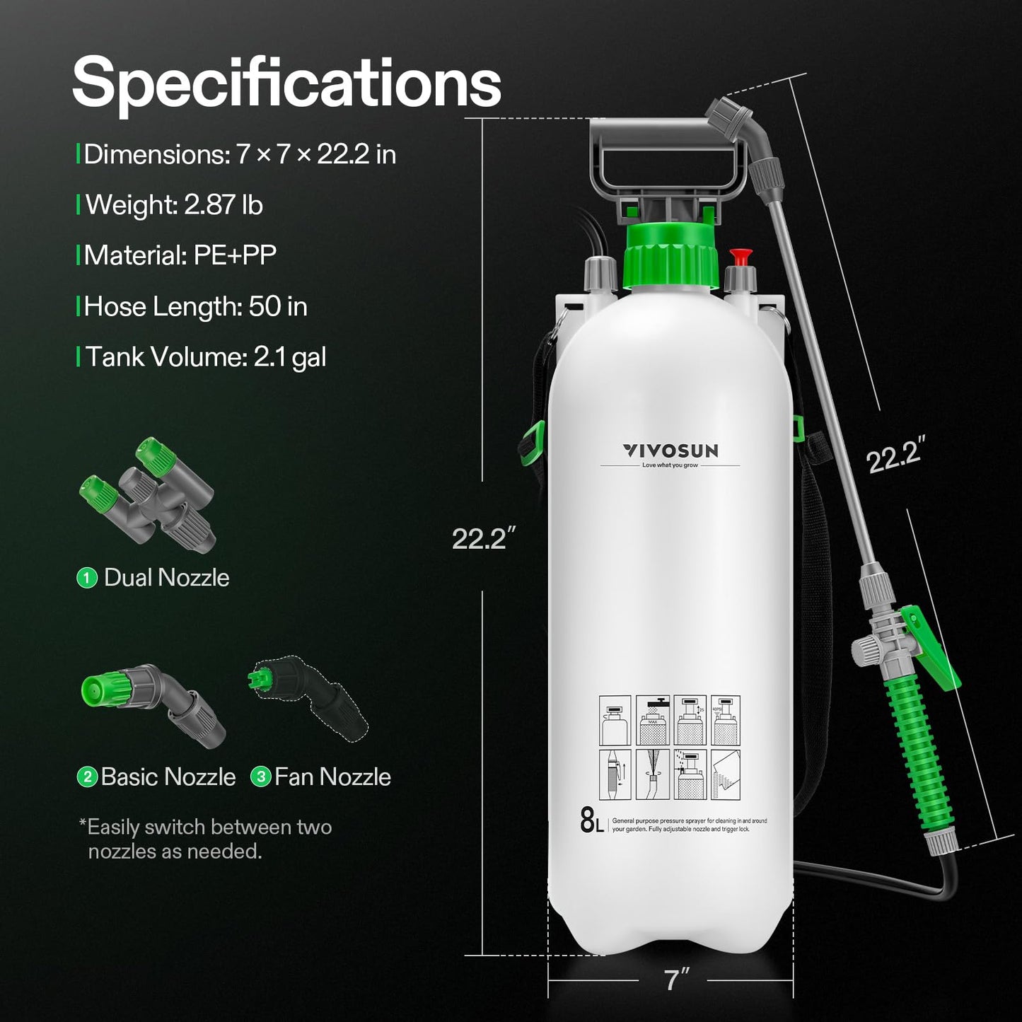 VIVOSUN 1 Gal/4L Pump Sprayer, Garden Water Sprayer for Plants, Weeds & Lawn Care, with 3 Nozzles, 50'' Long Hose & Pressure Relief Valve