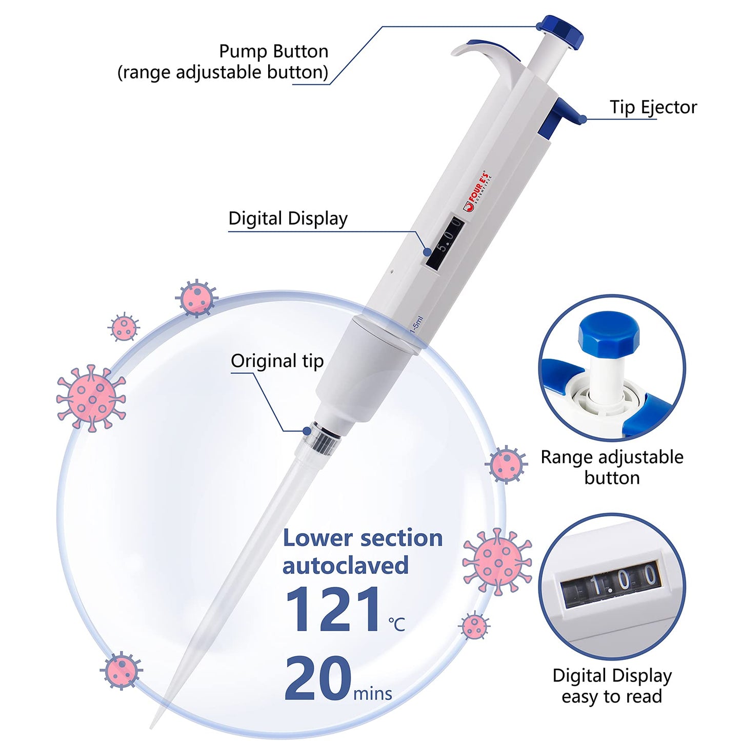 FOUR E'S SCIENTIFIC 100uL-1000uL High-Accurate Single-Channel Manual Adjustable Variable Volume Pipettes