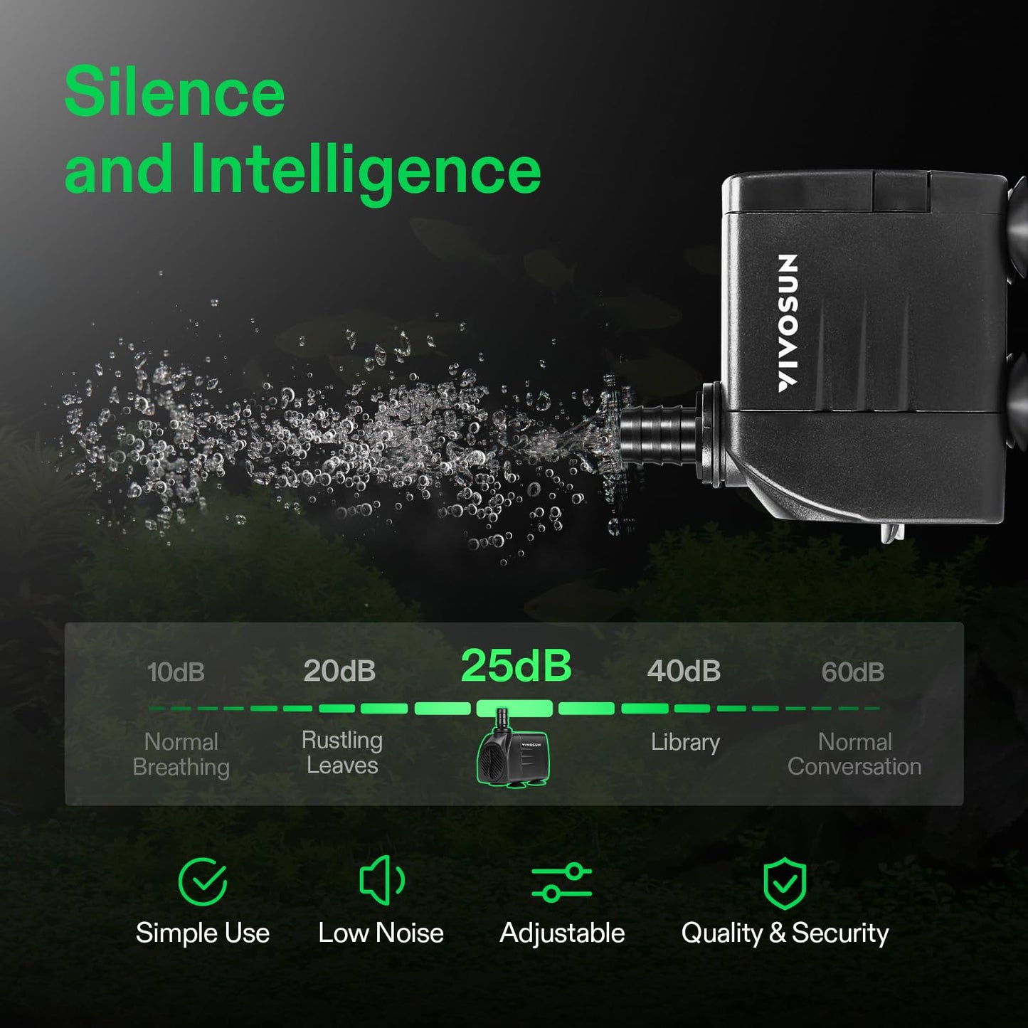 VIVOSUN 480GPH Submersible Pump(1800L/H, 25W), Ultra Quiet Water Pump with 7.2ft High Lift, Fountain Pump with 5ft Power Cord, 3 Nozzles for Fish Tank, Aquarium, Statuary, Hydroponics Black