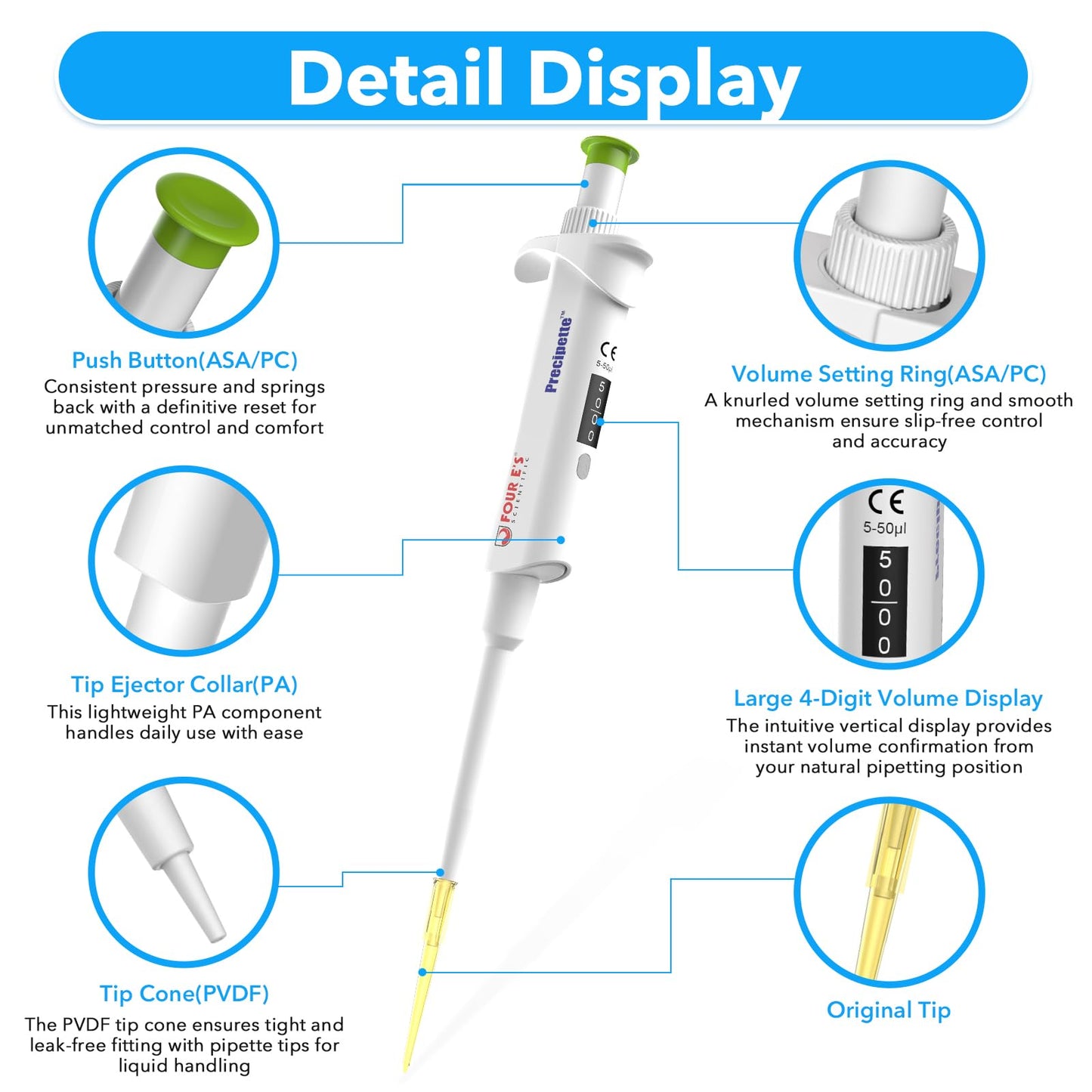 FOUR E'S SCIENTIFIC 20-200μL Pipette, Professional Single-Channel Pipettor Lightweight High Accurate Adjustable Variable Volume Micro Pipette with Calibration Certificate (Model LH0301006)