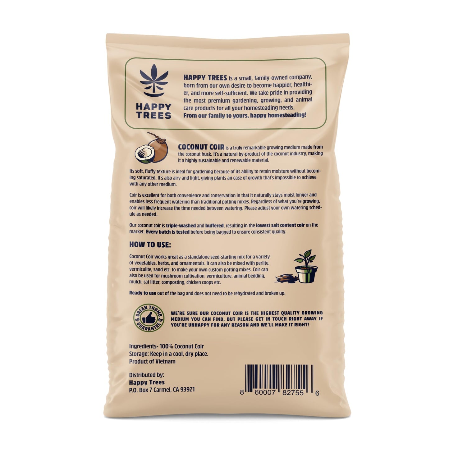 Happy Trees Coco Coir Loose Coconut Fiber Growing Medium, Potting Mix, Seed-Starting, Premium Quality, Triple-Washed for Low Salt/EC, pH Balanced, Peat-Free, OMRI Organic, 50L (1.8 cu.ft.)