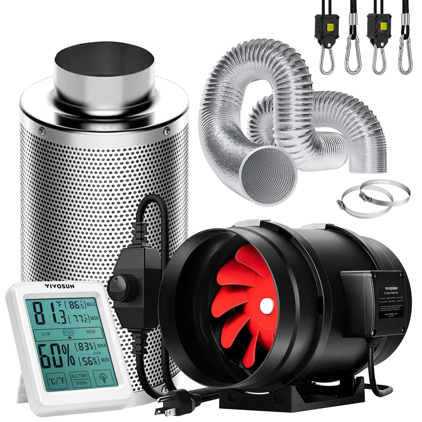 VIVOSUN 4 Inch 190 CFM Inline Fan with Speed Controller, 4 Inch Carbon Filter and 8 Feet of Ducting, Temperature Humidity Monitor for Grow Tent Ventilation