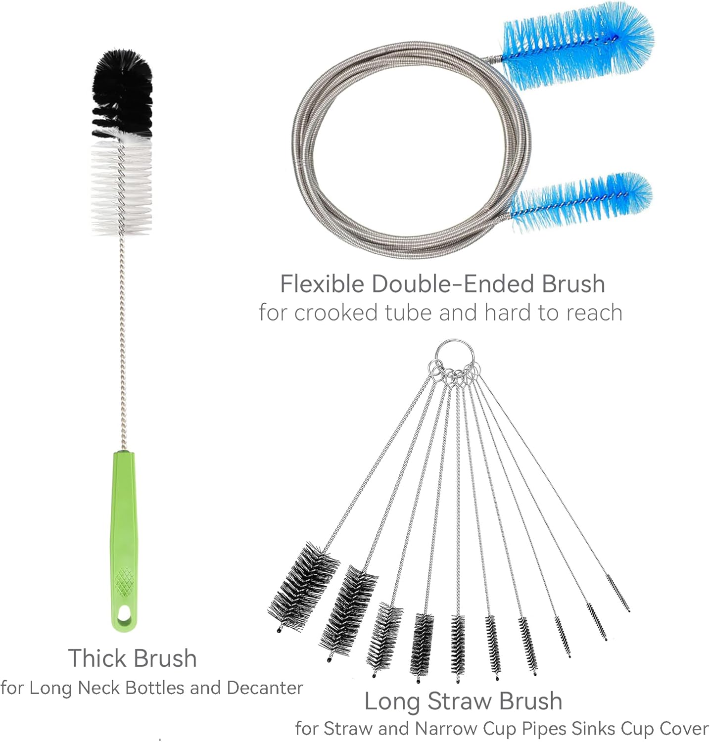 CUMFYHOUS-Set of 12 Tube Pipe Cleaners Brush Kit,for Cleaning Long Neck Bottle,Bent Glass Tube,Straw.17-inch Long Handle Brush,8.2-inch Different Diameters Brush,35-inch Flexible Double Ended Brush