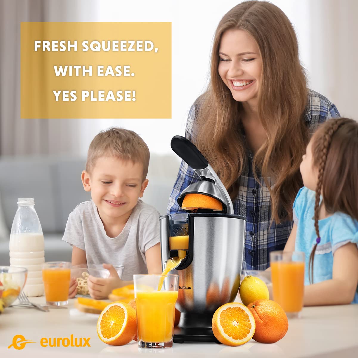 Eurolux Premium Electric Orange Juicer | Stainless Steel Citrus Squeezer With New Ultra-Powerful Motor and Soft Grip Handle for Effortless Juicing, Auto Shutoff, Dishwasher-safe Parts, Pulp Control