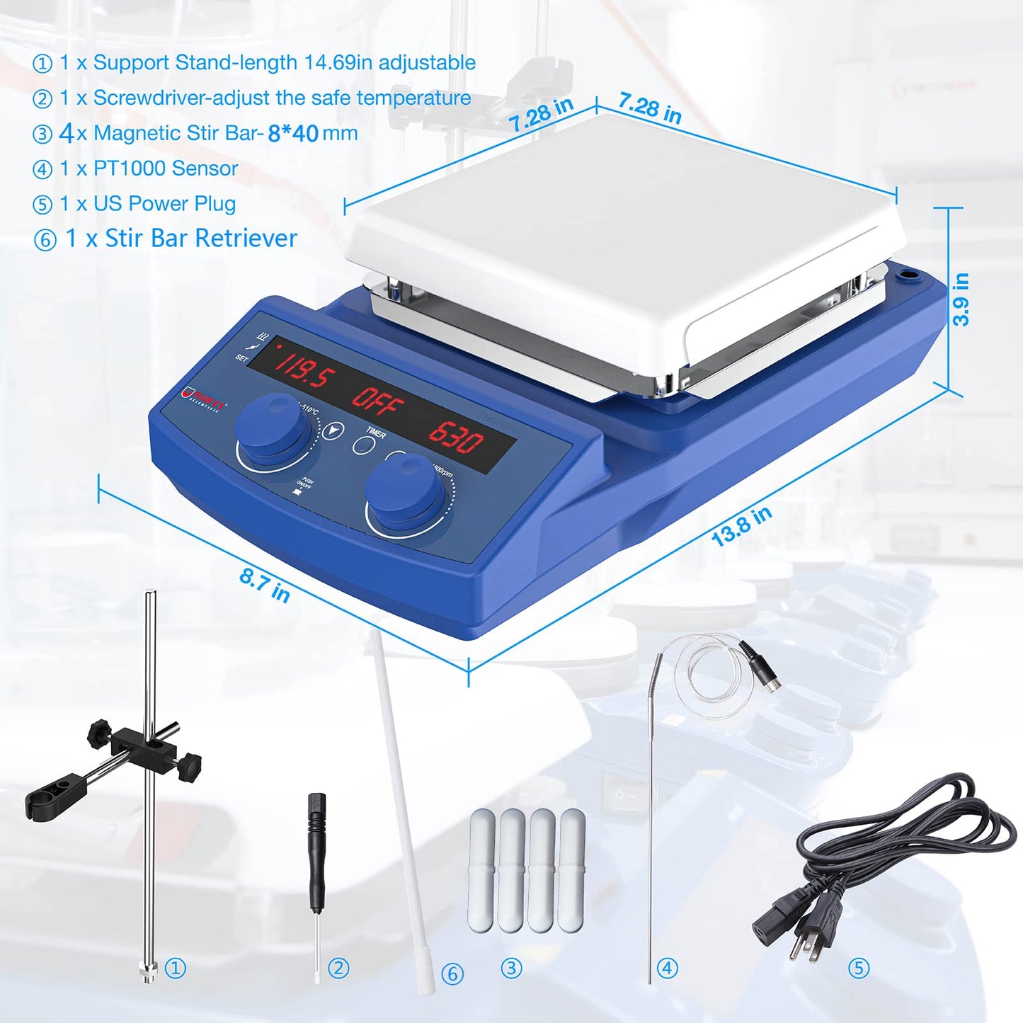 FOUR E'S SCIENTIFIC 510℃/950°F 7 Inch Magnetic Stirrer Hot Plate with Timer Function, 50-1500RPM, Max 20L Stirring Capacity, with Stand, Stir Bar Retriever, Temp Probe Sensor, 4pcs Stir Bars, 110V