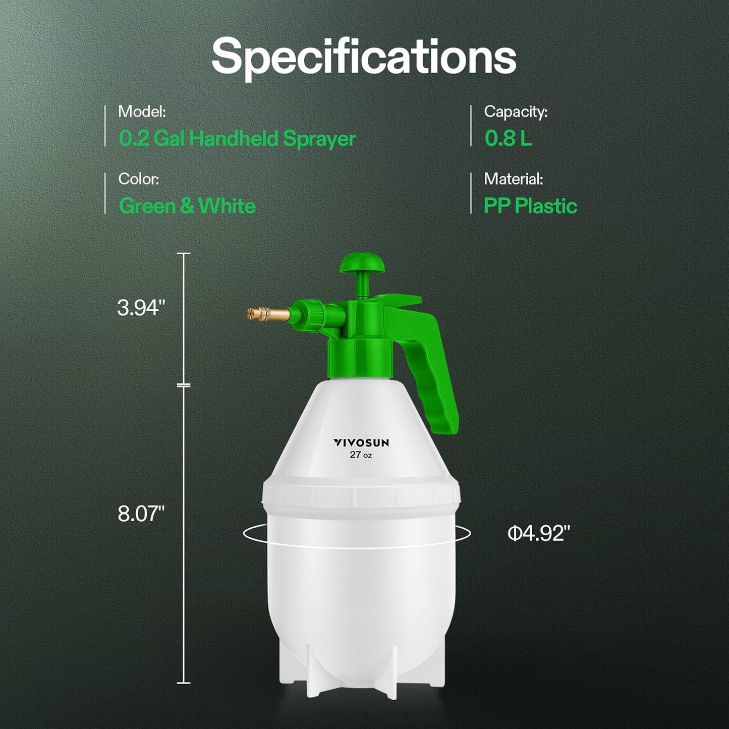 27Oz Pump Sprayer, Handheld Garden Water Sprayer Bottle with Adjustable Brass Nozzle, for Spraying Plants, Flowers, Weeds and Cleaning, Green