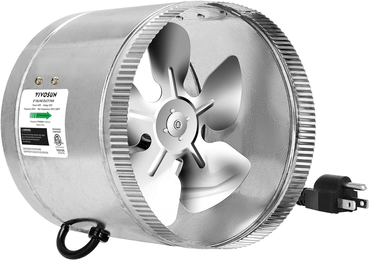 8 Inch Duct Inline Fan for HVAC Exhaust Intake 420 CFM Air Flow, Low Noise, Silver