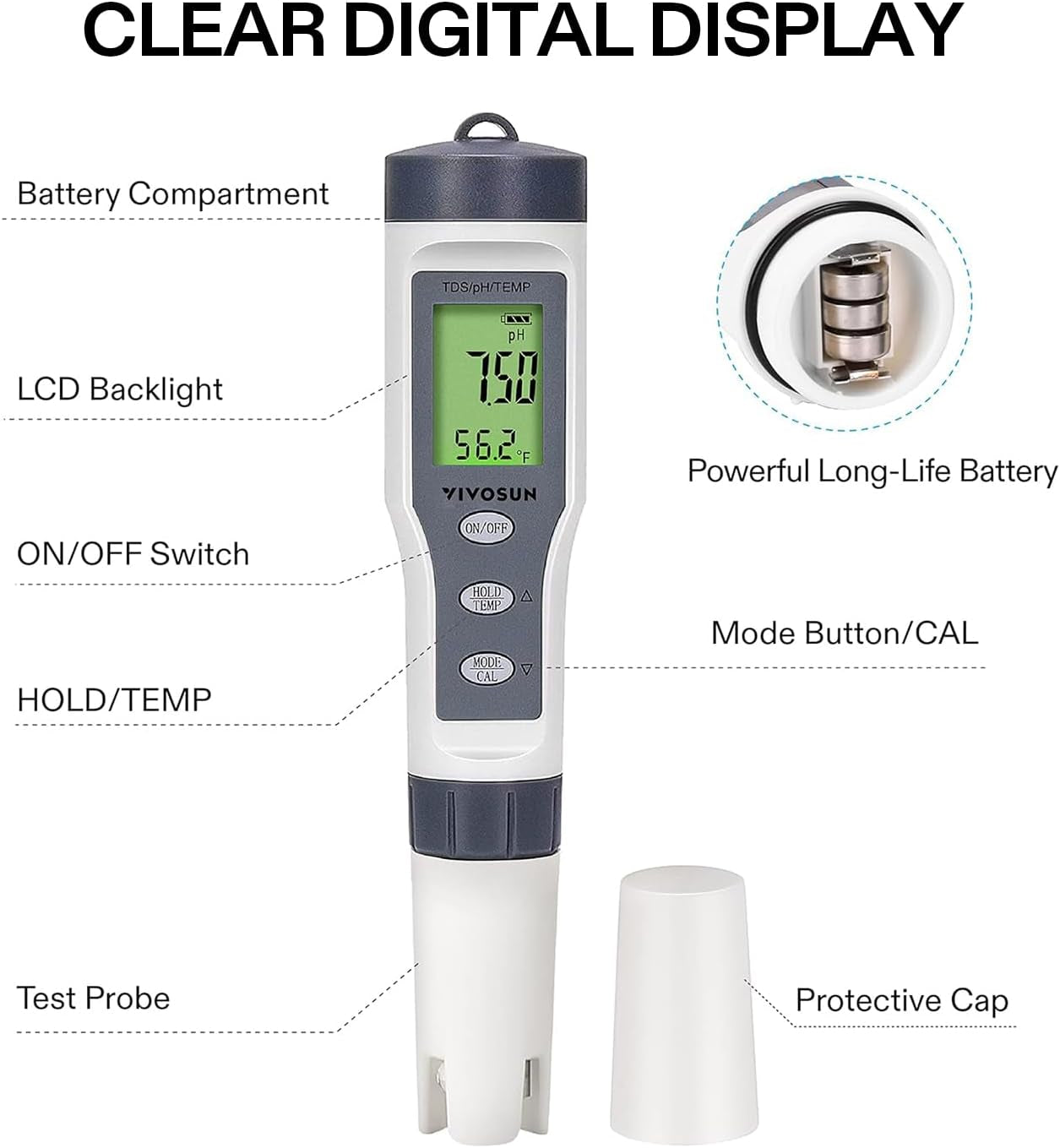 3-In-1 Digital Ph Meter with ATC, ±0.1 Ph Accuracy Water Quality Tester, 0-14.0 Ph Measurement Range for Hydroponics, Household Drinking, Pool and Aquarium