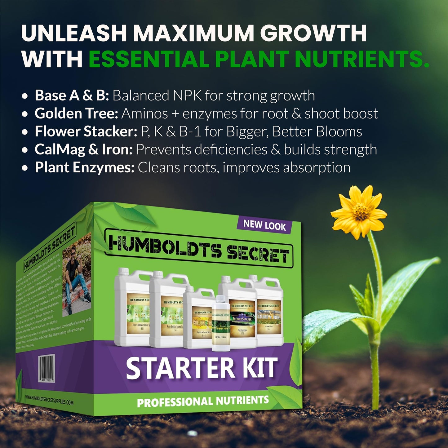 Humboldts Secret Starter Kit Pack | Indoor and Outdoor Plant Fertilizer and Hydroponic Nutrients | Base A & B, CalMag and Iron, Golden Tree, Flower Stacker, Plant Enzymes | Complete Garden System