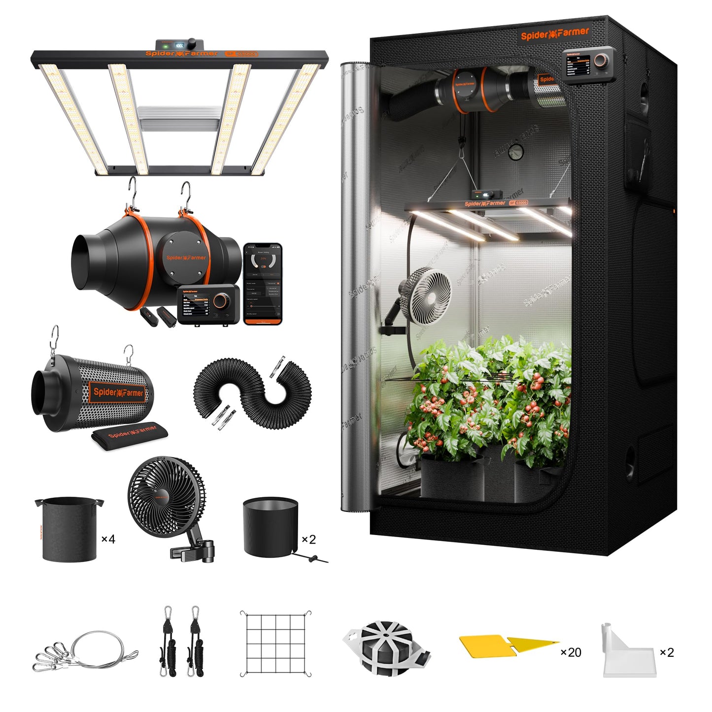 Spider Farmer Grow Tent Kit Complete 3x3x6ft G3000 Bar Style LED Grow Light Full Spectrum Ventilation System 36"x36"x70" Indoor Grow 1680D Canvas Tent 4" Inline Fan Carbon Filter & 6'' Clip Fan