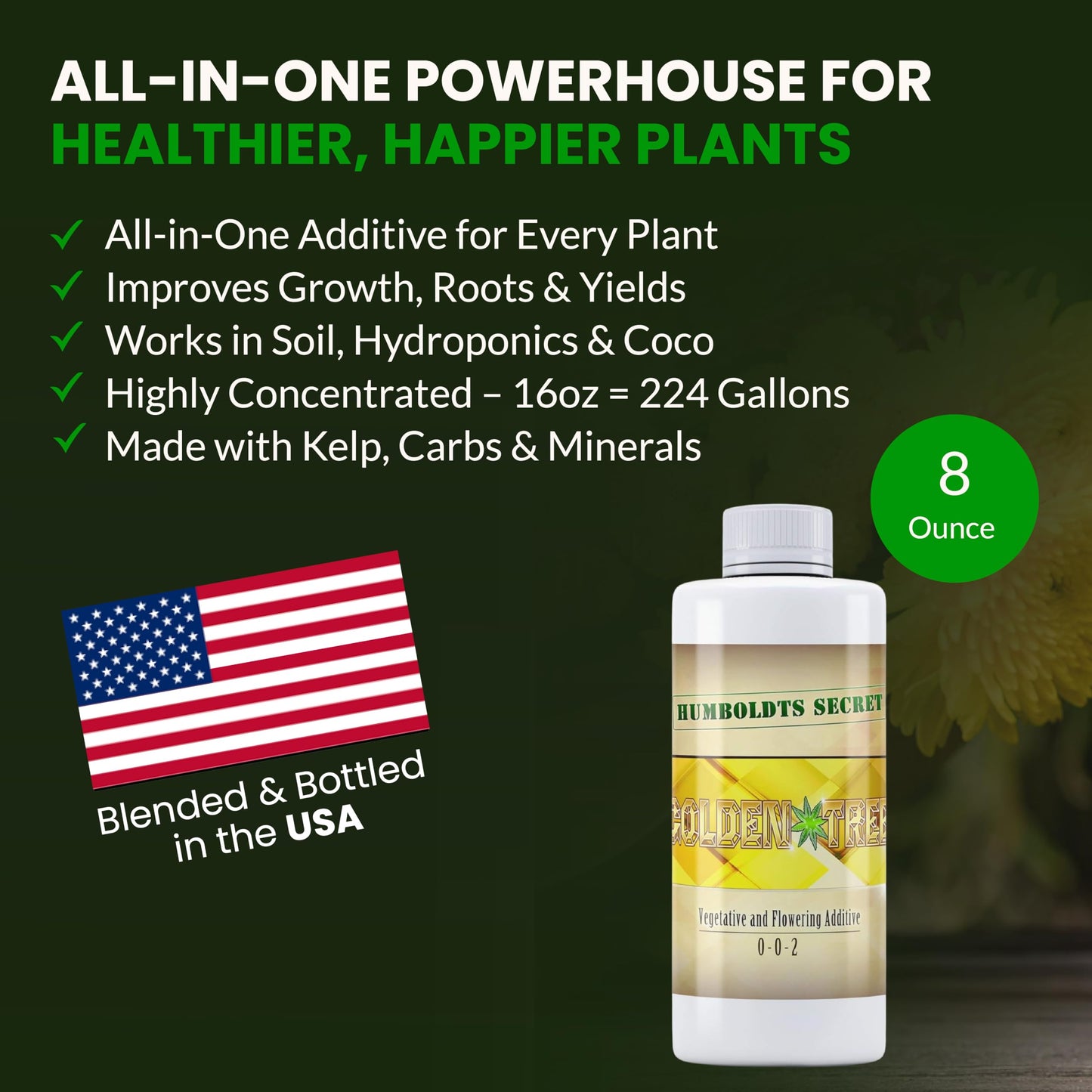 Humboldts Secret Golden Tree Liquid Plant Food | Enhances Growth Indoors or Outdoors | All-in-One Plant Nutrients for Vegetables, Trees, Flowers, Fruits, Roses, Lawns, Tomatoes | 16 Ounce