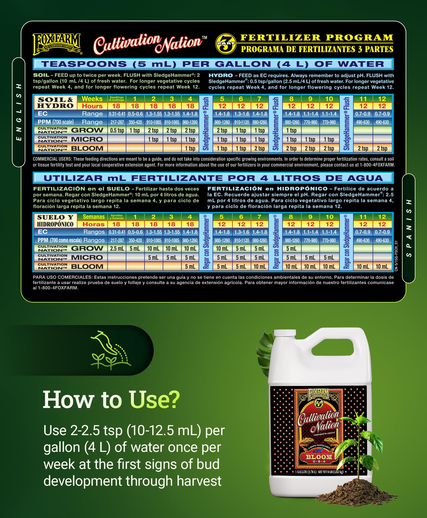 FoxFarm Cultivation Nation Bloom Fertilizer - Enhanced Bud & Fruit Development, Ideal for Soil, Soilless Media, Hydroponics & Aeroponics - Part 3 of 3-Part Feeding Program- NPK 0-5-4 (Gallon)