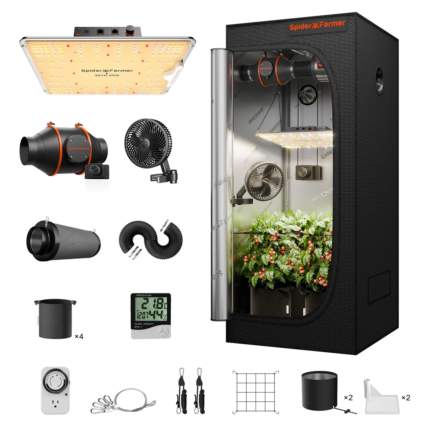 Spider Farmer Grow Tent Kit 2x2x5ft Complete System, SF1000D Samsung Diodes Full Spectrum LED Grow Light 24"X24"X55" Indoor 1680D Mylar Tent with 4" Ventilation System & 6'' Clip Fan