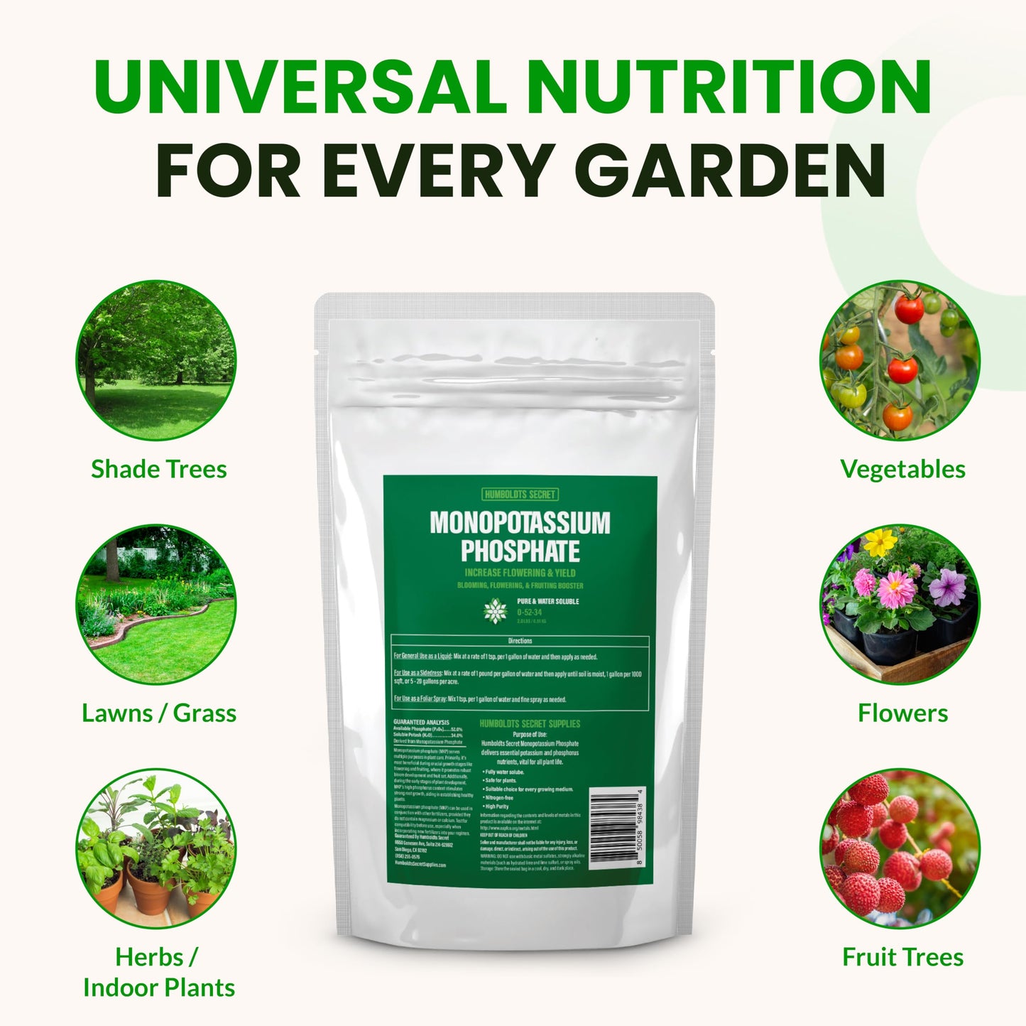 Humboldts Secret Monopotassium Phosphate 0-52-34 | MKP Fertilizer Bloom Booster for Flowers, Fruits & Vegetables | High Purity Water Soluble Phosphorus and Potassium Plant Food | 2 lb