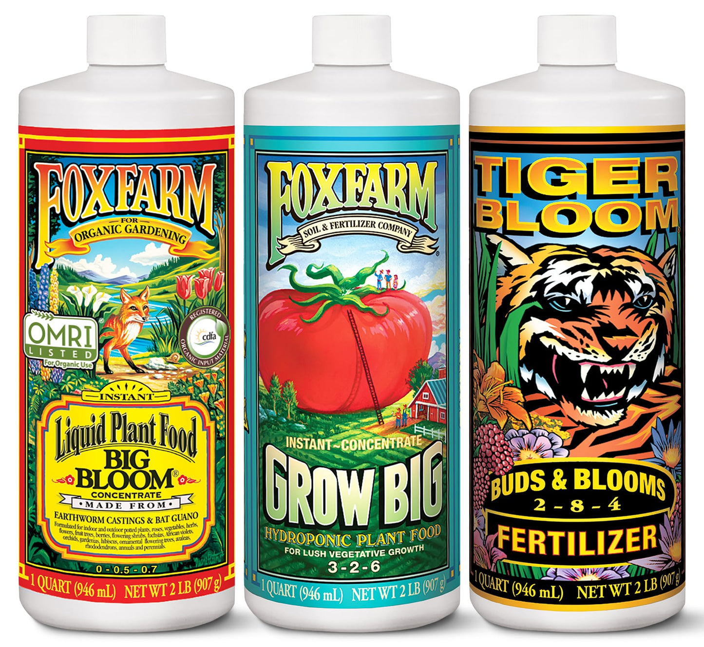 FoxFarm Liquid Nutrient Trio Hydro Formula: Big Bloom, Grow Big Hydro & Tiger Bloom - for Hydroponic Gardening, Green Growth, Buds & Late-Season Flowers, (3-32 oz Bottles)