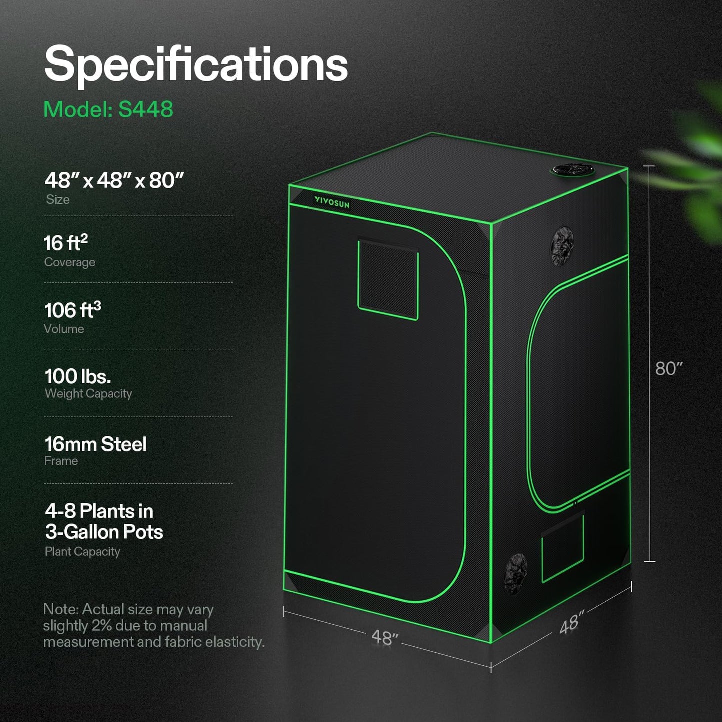 VIVOSUN S448 4x4 Grow Tent, 48"x48"x80" High Reflective Mylar with Observation Window and Floor Tray for Hydroponics Indoor Plant for VS4000/VSF4300
