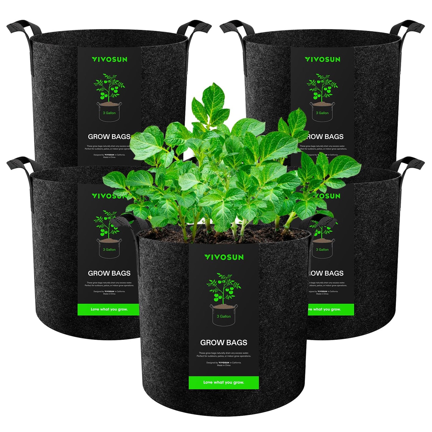 VIVOSUN 5-Pack 5 Gallon Grow Bags Heavy Duty 300G Thickened Nonwoven Plant Fabric Pots with Handles