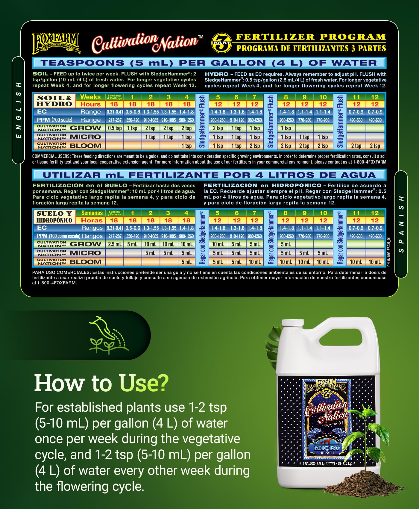 FoxFarm Cultivation Nation Micro Liquid Fertilizer - Micronutrients for Strong Plant Development, Ideal for Soil, Hydroponics & Aeroponics - Part 2 of 3-Part Feeding Program- NPK 5-0-1 (Gallon)