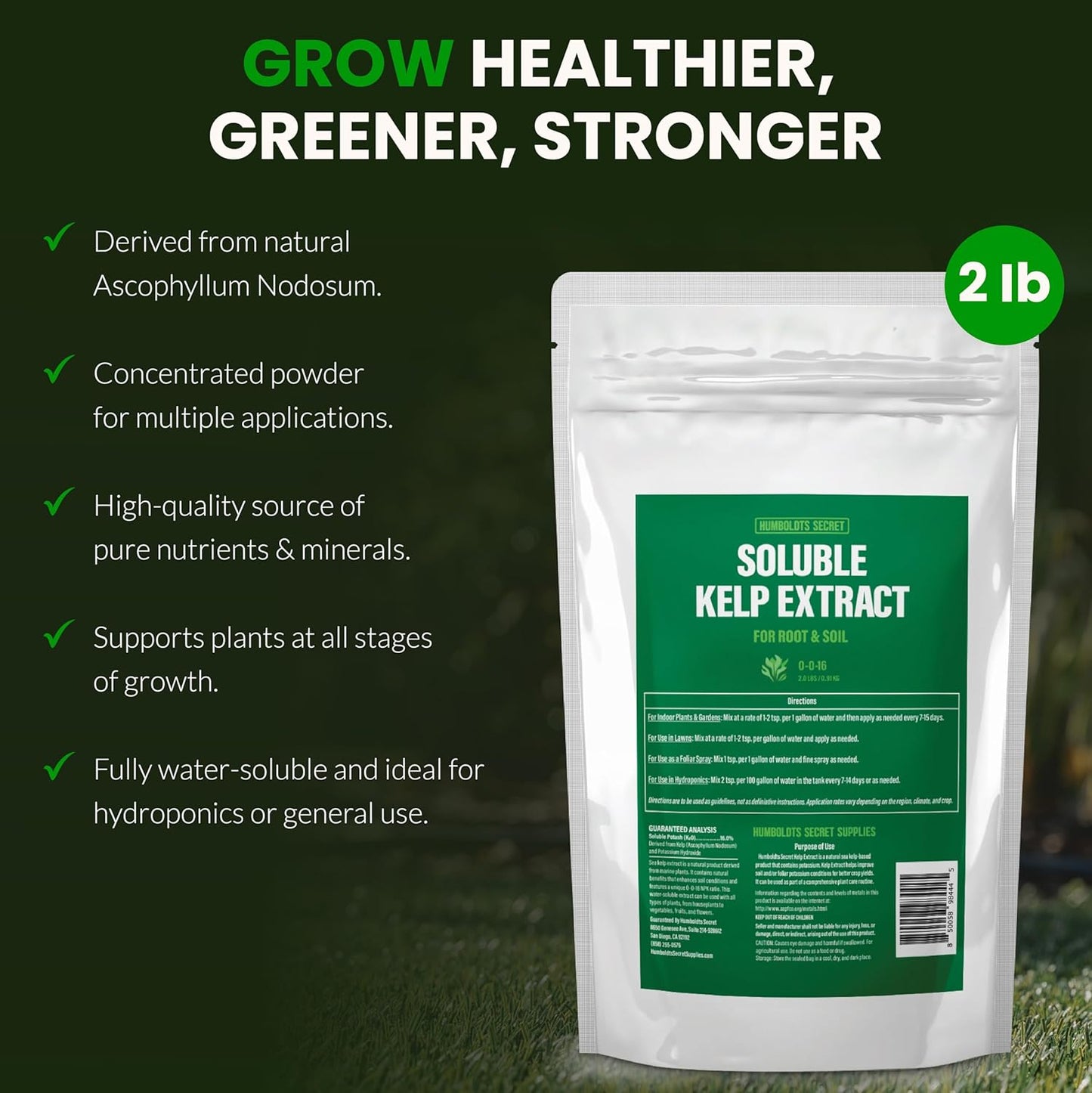 Humboldts Secret Soluble Kelp Extract Powder | 0-0-16 Water Seaweed Fertilizer | Concentrated Nutrients & Minerals for Lawn, Garden, Vegetables, Houseplants, Succulents & Hydroponics | 2 lb Bag