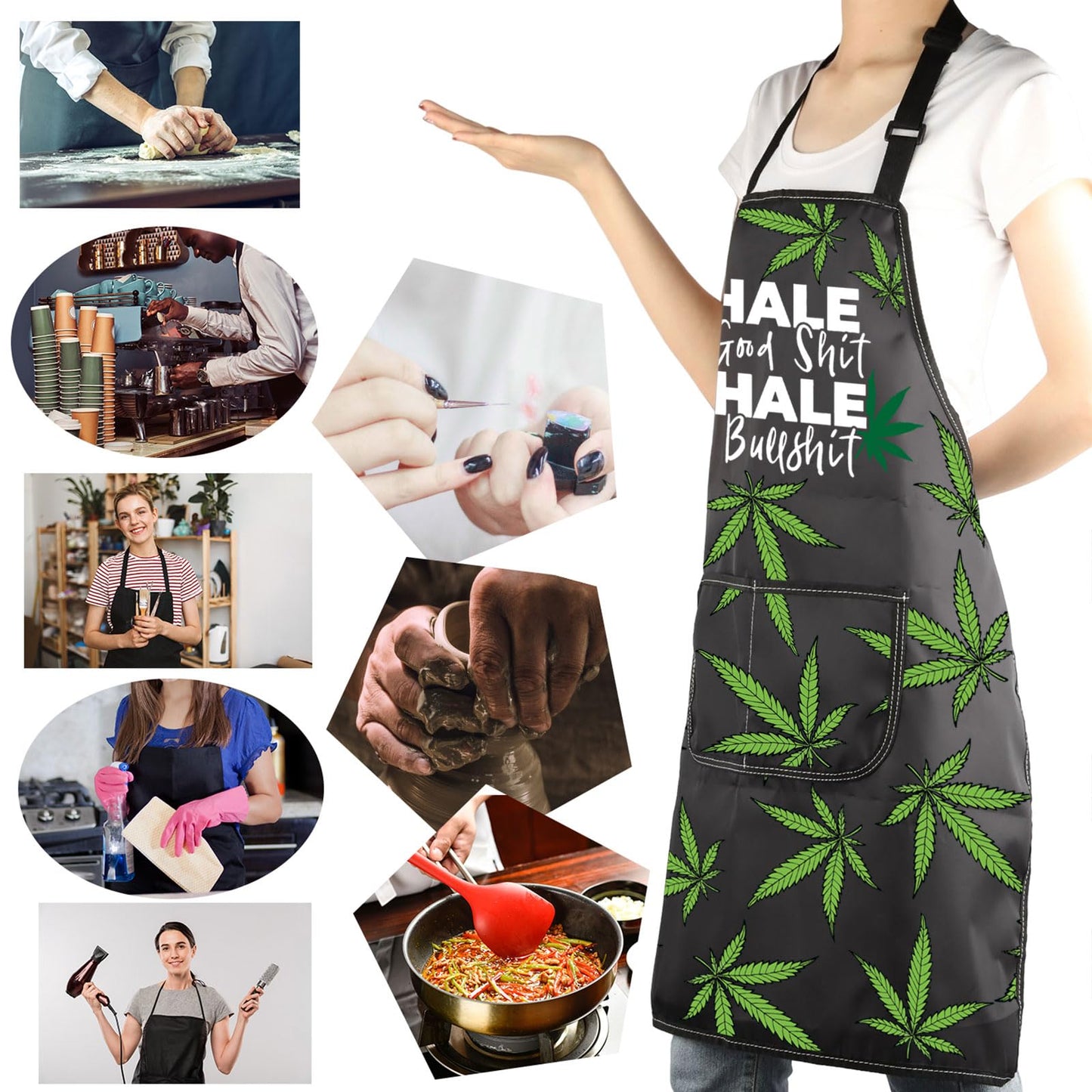 MBMSO Weed Apron with Pockets Inhale the Good Shit Exhale the Bullshit Marijuana Leaf Apron Cannabis Aprons Weed Lovers Gifts