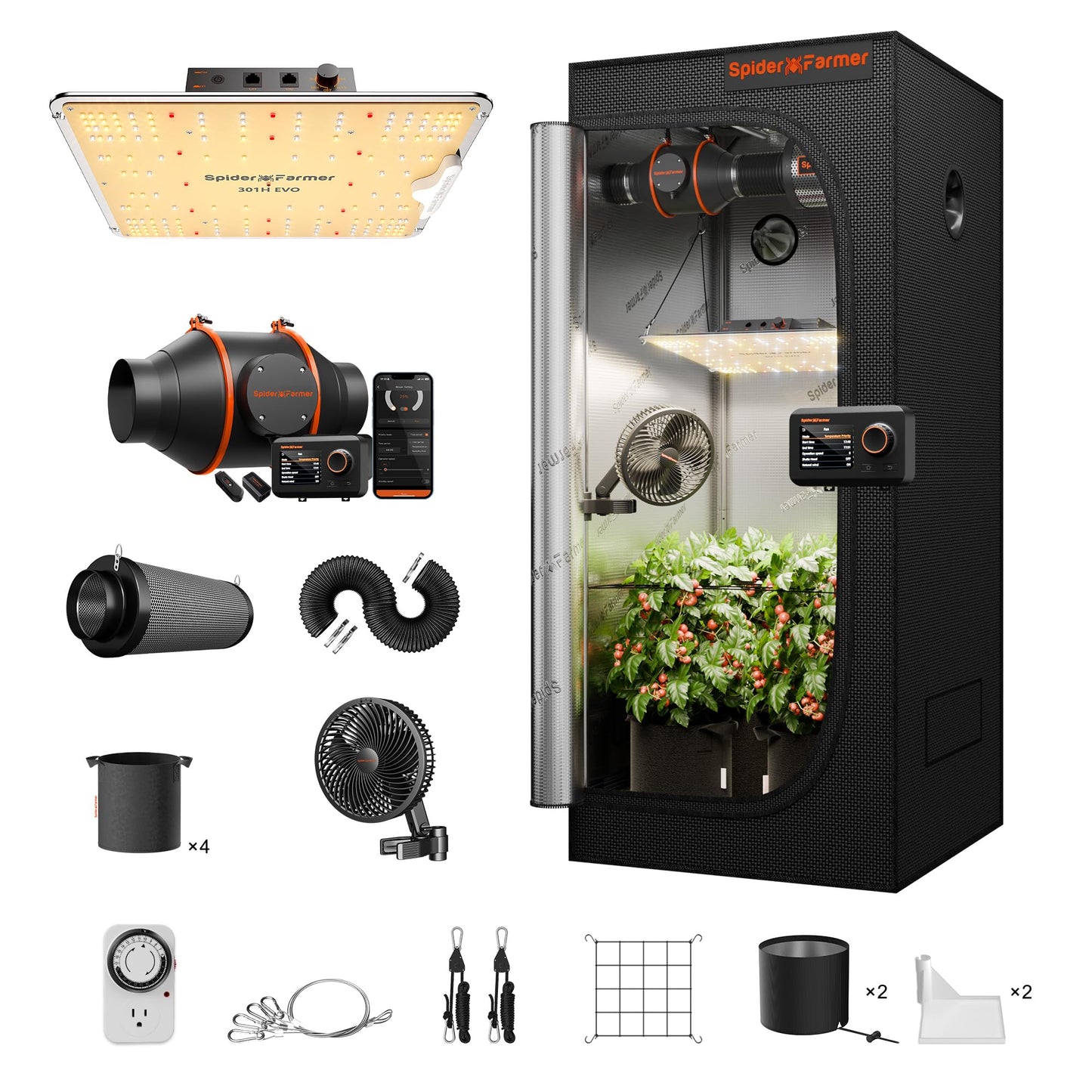 Spider Farmer Grow Tent Kit 2x2x5ft Complete System, SF1000D Samsung Diodes Full Spectrum LED Grow Light 24"X24"X55" Indoor 1680D Mylar Tent with 4" Ventilation System & 6'' Clip Fan