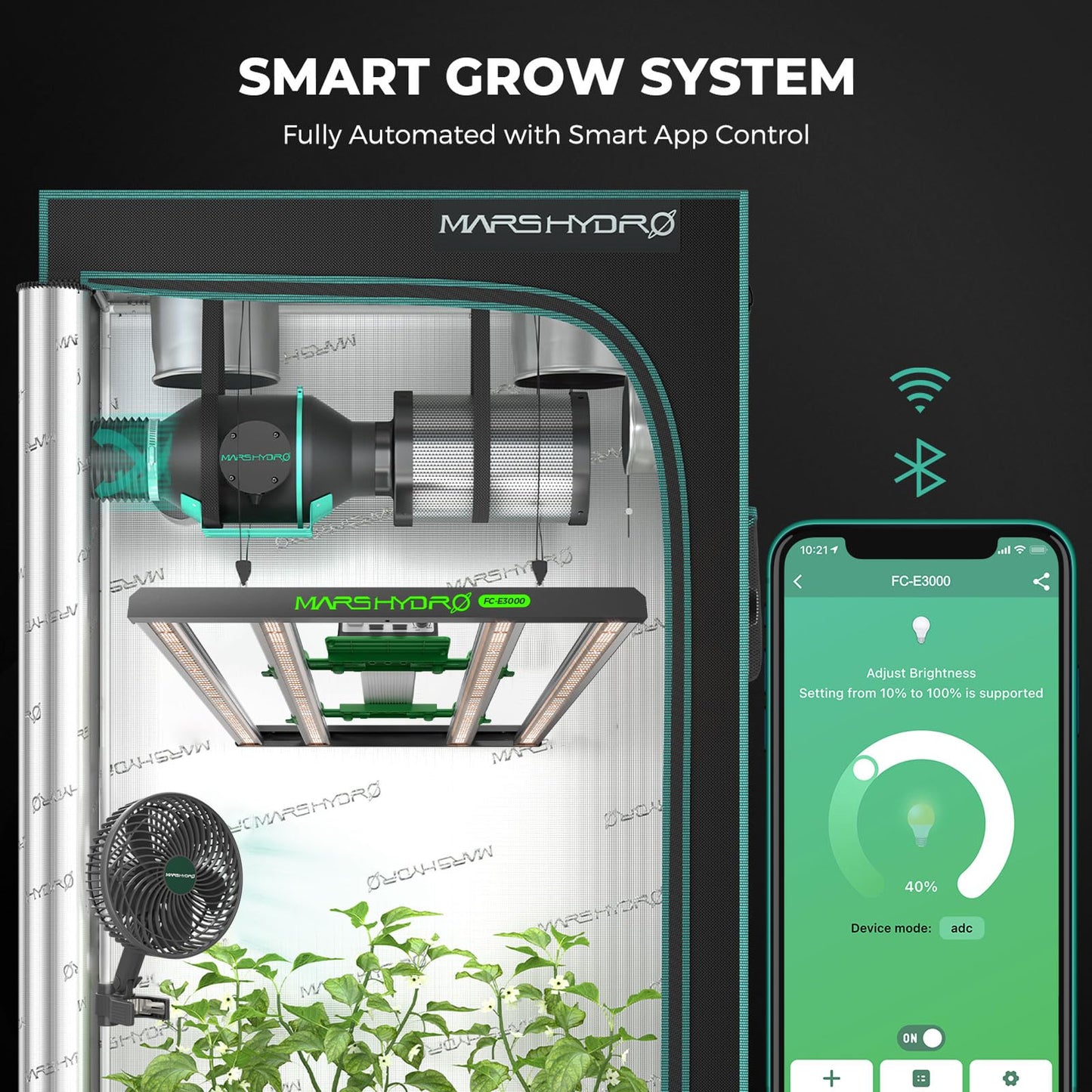 MARS HYDRO 4x4 Smart Grow Tent Kit Complete System,480W FC-E4800 APP WIFI Control Light 2646pcs LED,1680D High Reflective Mylar,with 6inch 32dB,402CFM Adjustable Ventilation Kit,10 Speed Grow Tent Fan