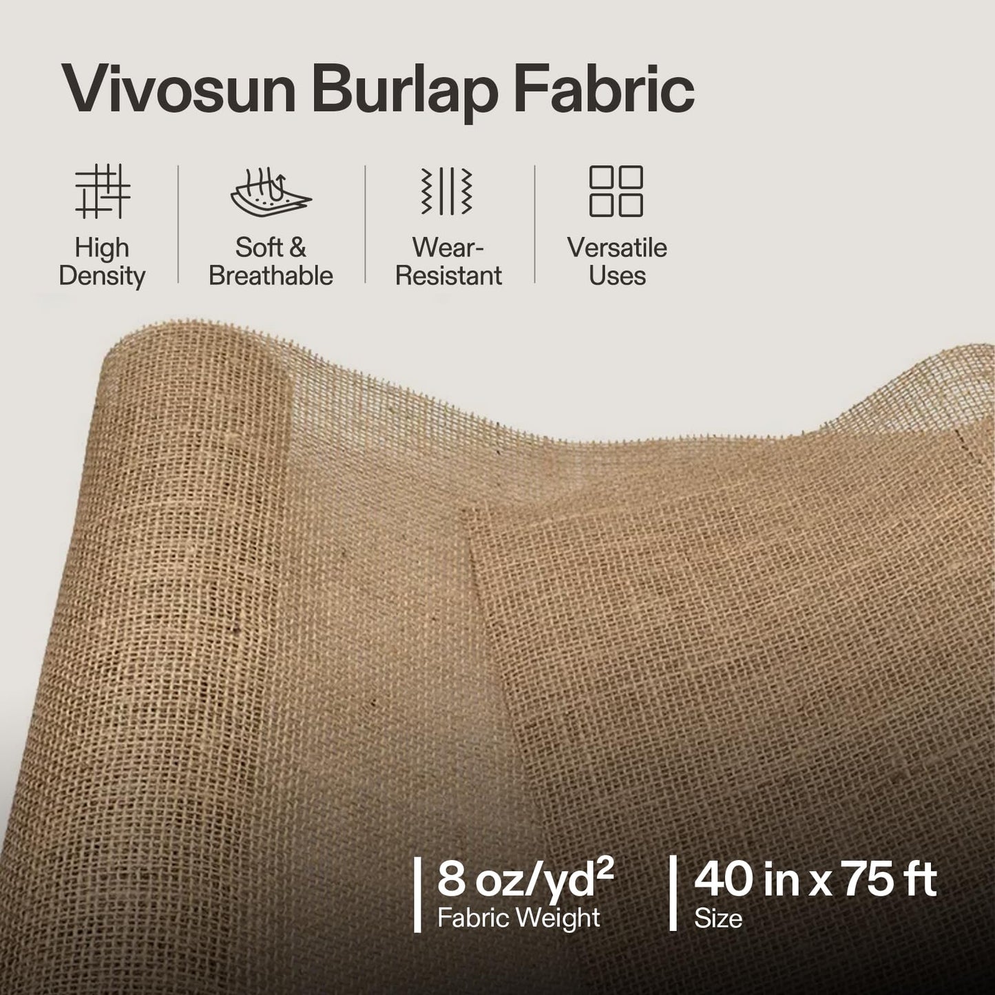 VIVOSUN 40 in x 13 ft Burlap Fabric, High Density Natural Jute Fiber, Multipurpose Burlap for Gardening, Outdoor Plant Care, Weed Barrier, DIY Crafts, and Decoration