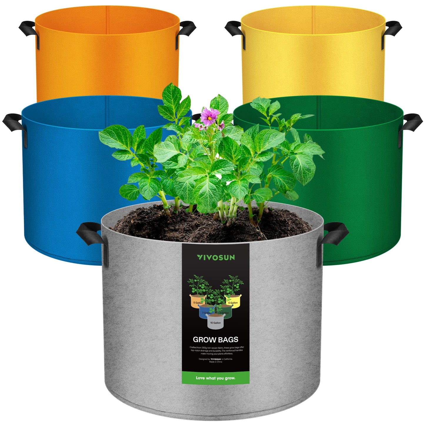 VIVOSUN 5-Pack 5-Gallon Colored Grow Bags, 350G Thick nonwoven Fabric Pots with Handles for Flowers, Fruits and Vegetables