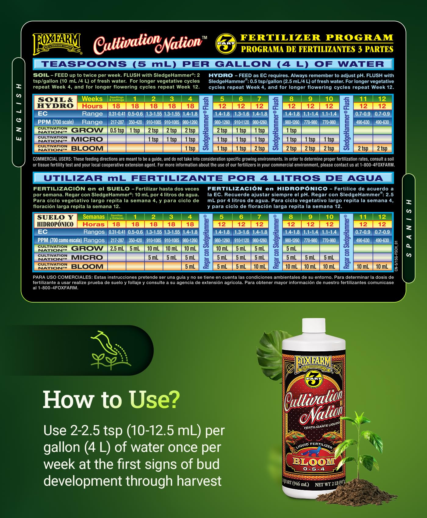 FoxFarm Cultivation Nation Bloom Fertilizer - Enhanced Bud & Fruit Development, Ideal for Soil, Soilless Media, Hydroponics & Aeroponics - Part 3 of 3-Part Feeding Program- NPK 0-5-4 (Gallon)