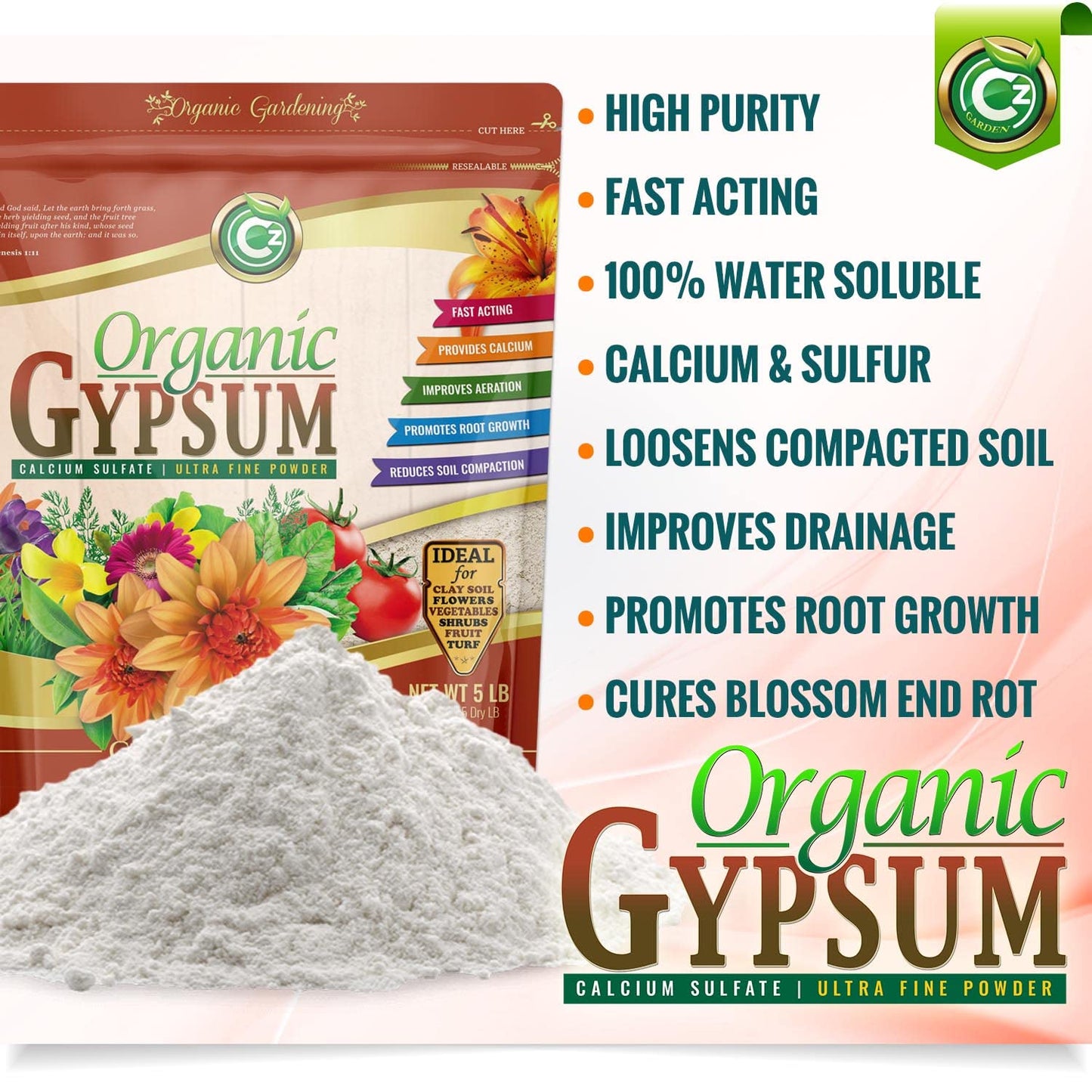 Organic Gypsum Powder 5LB - Made in USA - Calcium Sulfate Dihydrate - Garden Soil Amendment Fertilizer for Lawns, Plants, Mushroom Cultivation. Calcium & Sulfur. Cures Blossom End Rot. OMRI Listed