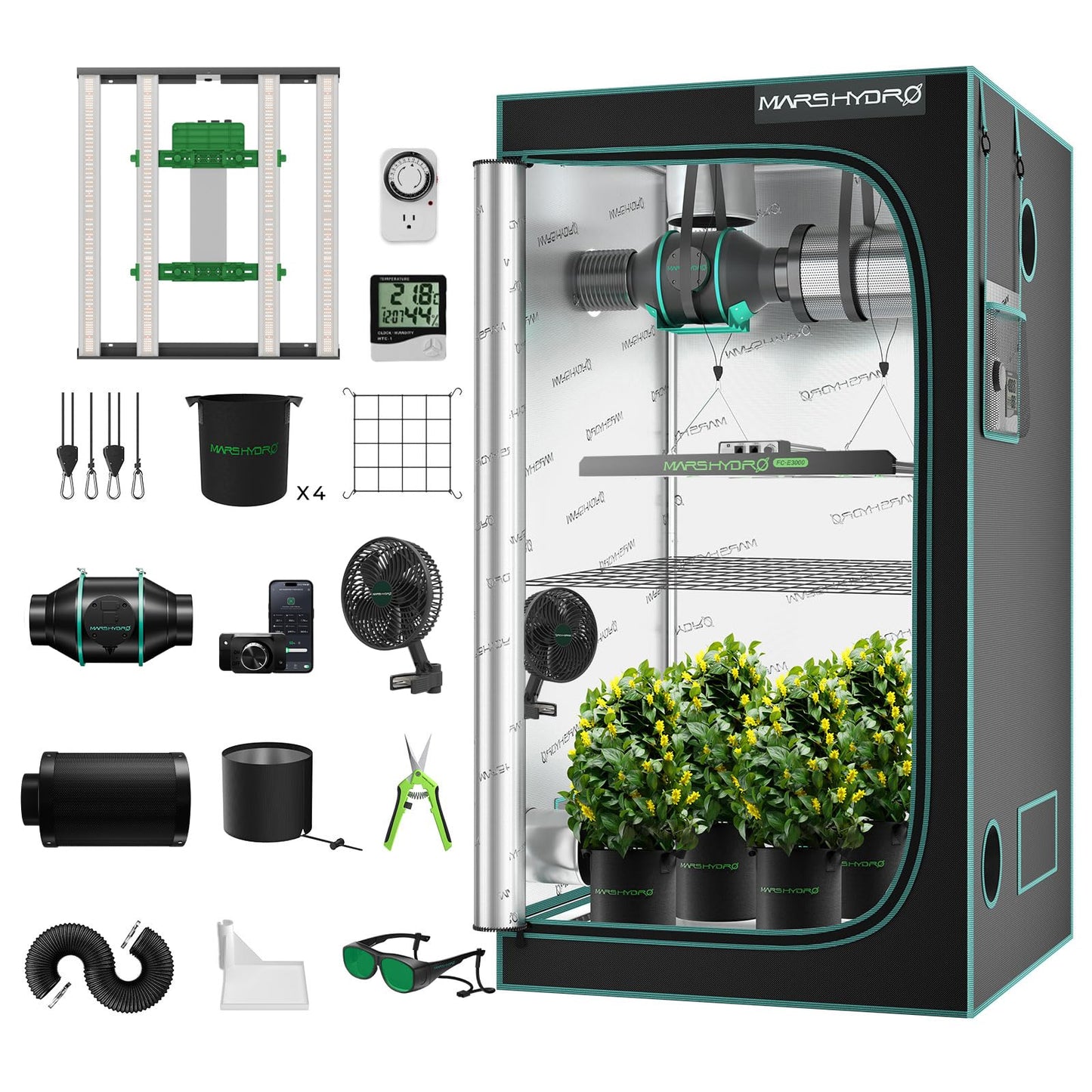 MARS HYDRO 2x2 Grow Tent Kit Complete System with 10 Speed Fan,100W TS600 LED Full Spectrum Grow Light,24"x24"x55" 1680D High Reflective Mylar Grow Tent,4 inch Smart WiFi Control Ventilation System